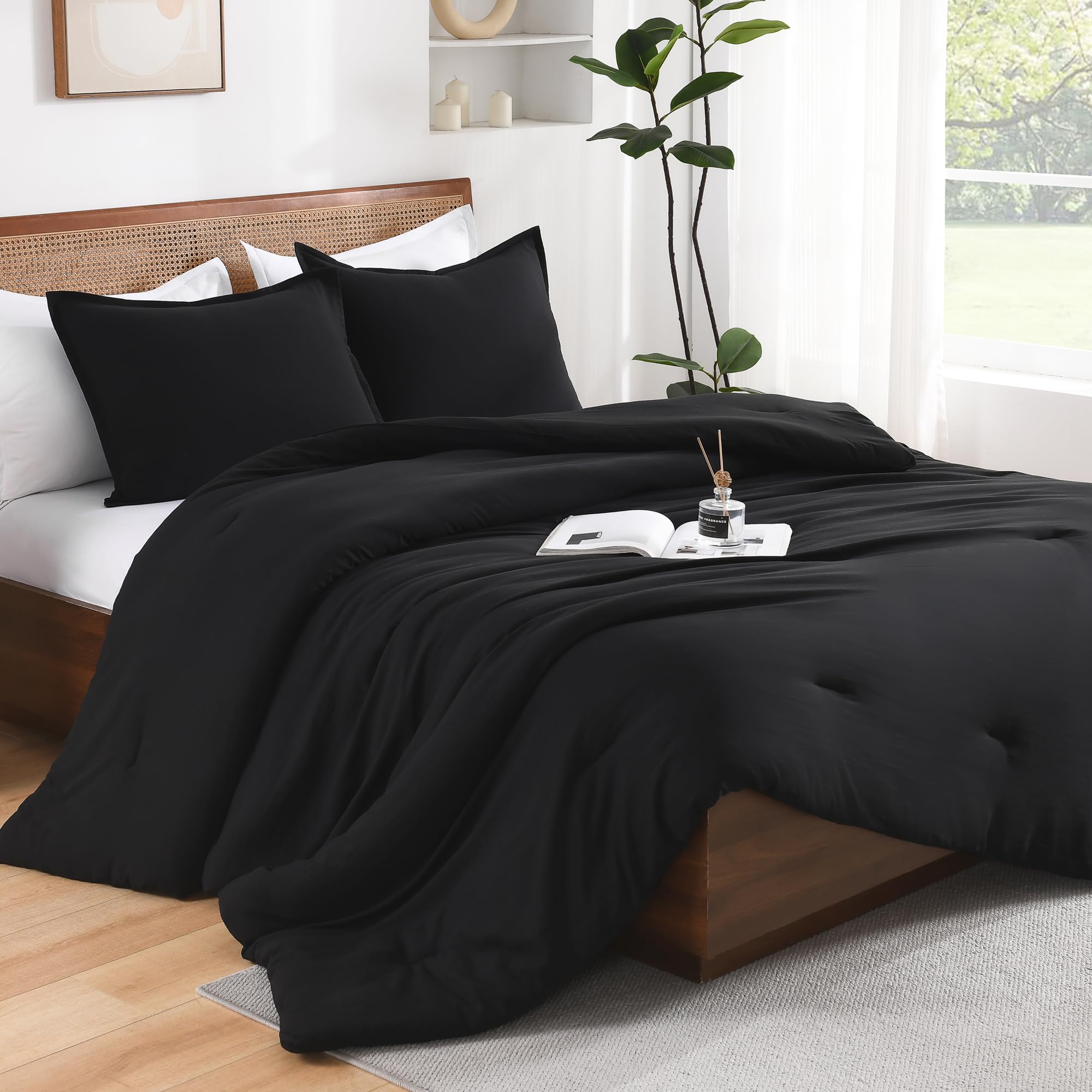 Andency Black California King Comforter Set, 3 Pieces Cal King Boho Soft Solid Bed Comforter, Oversized Lightweight Fluffy Microfiber Bedding Set (104X96In, 2 Pillowcases)