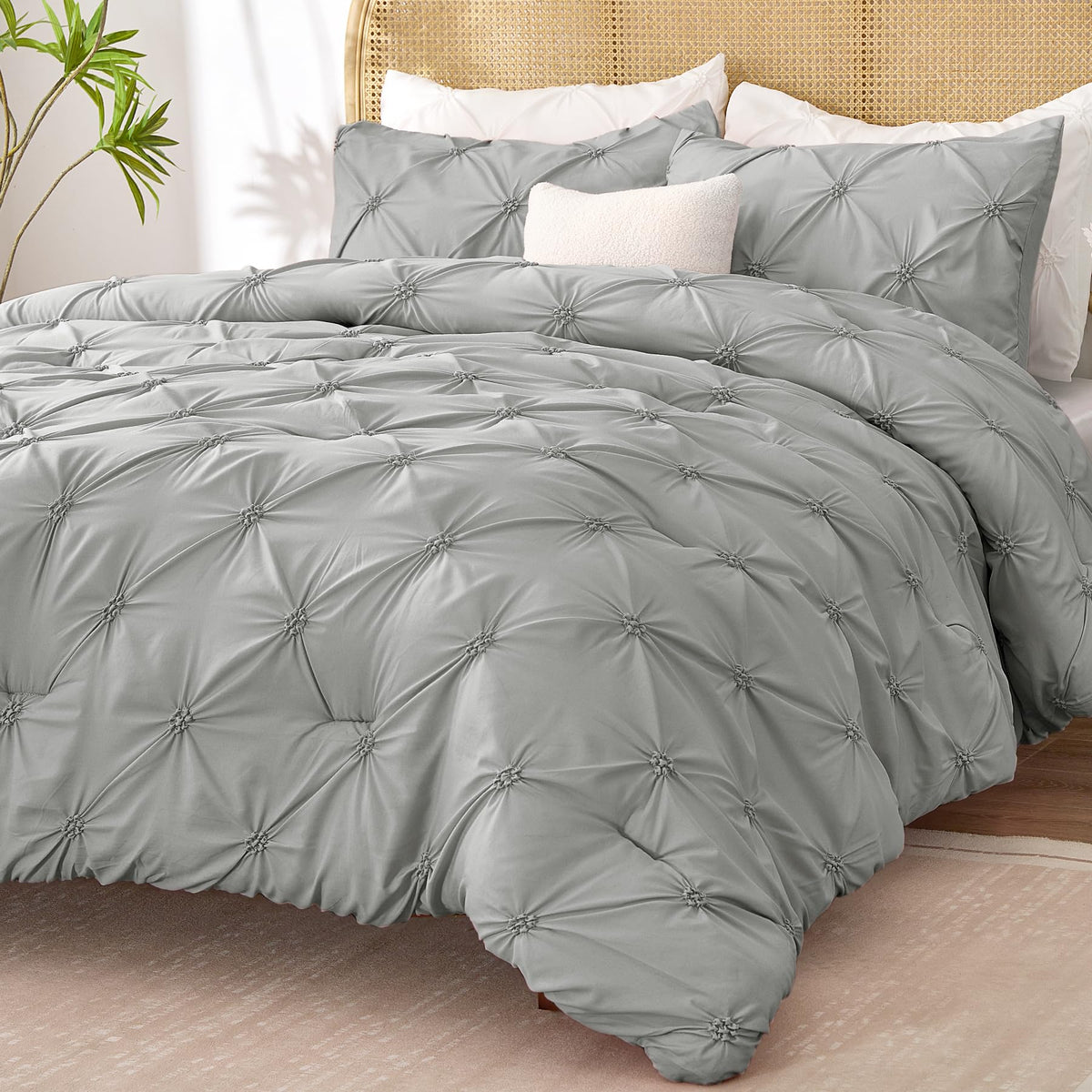Bedelite Grey King Size Comforter Set - 3 Pieces Boho Pintuck Bedding Comforter Sets, Lightweight Soft & Warm King Bedding Set W