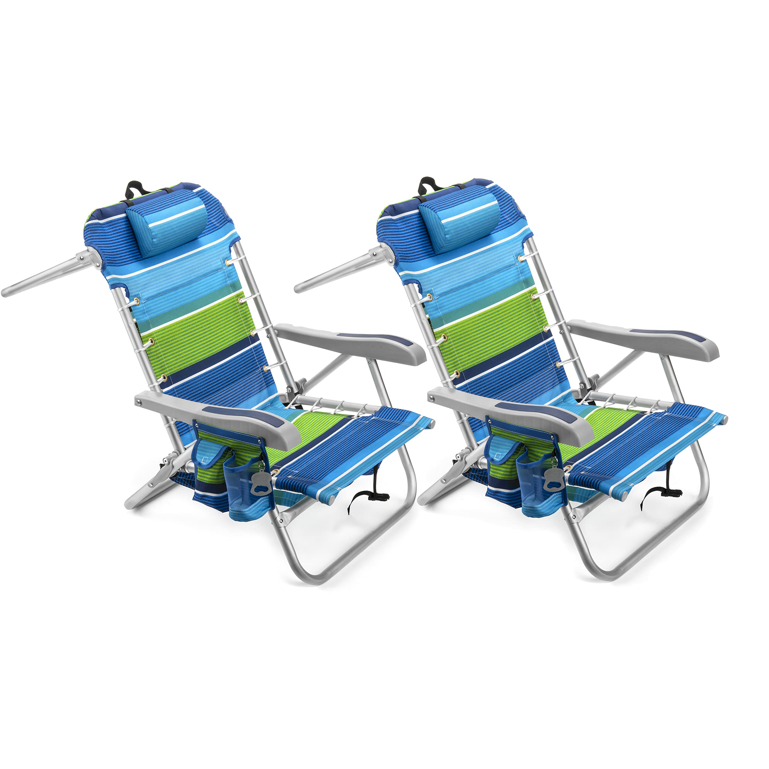 Homevative Cooler+ Folding Backpack Beach Chair With 5 Positions, Towel Bar, Xl Cooler Pouch, Storage Net, Cup And Phone Holder, Deep Sea, 2 Pack