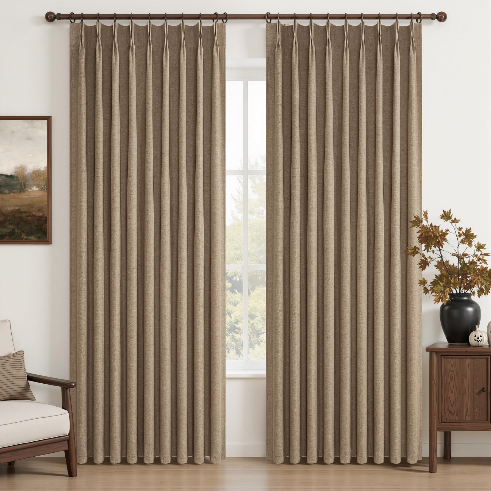 Pinch Pleated Blackout Curtains 60 Inches Wide for Living Room, Room Darkening Linen Blend Viral Large Window Curtain for Bedroo