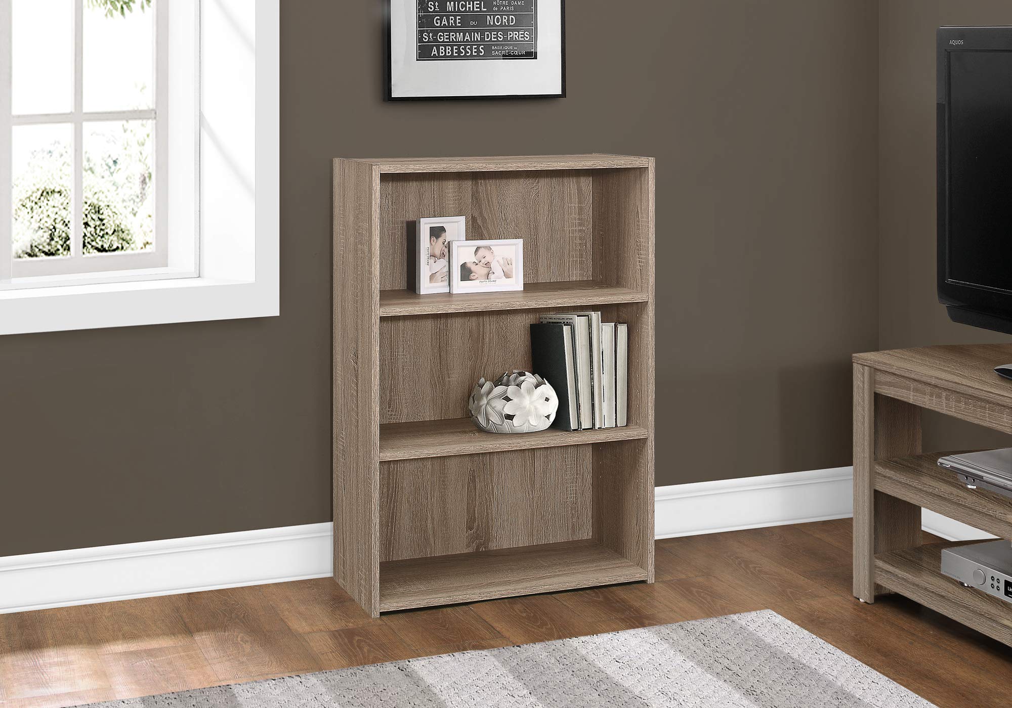Monarch Specialties I BOOKCASE-36 H/Dark Taupe with 3 Shelves Bookcase, Brown