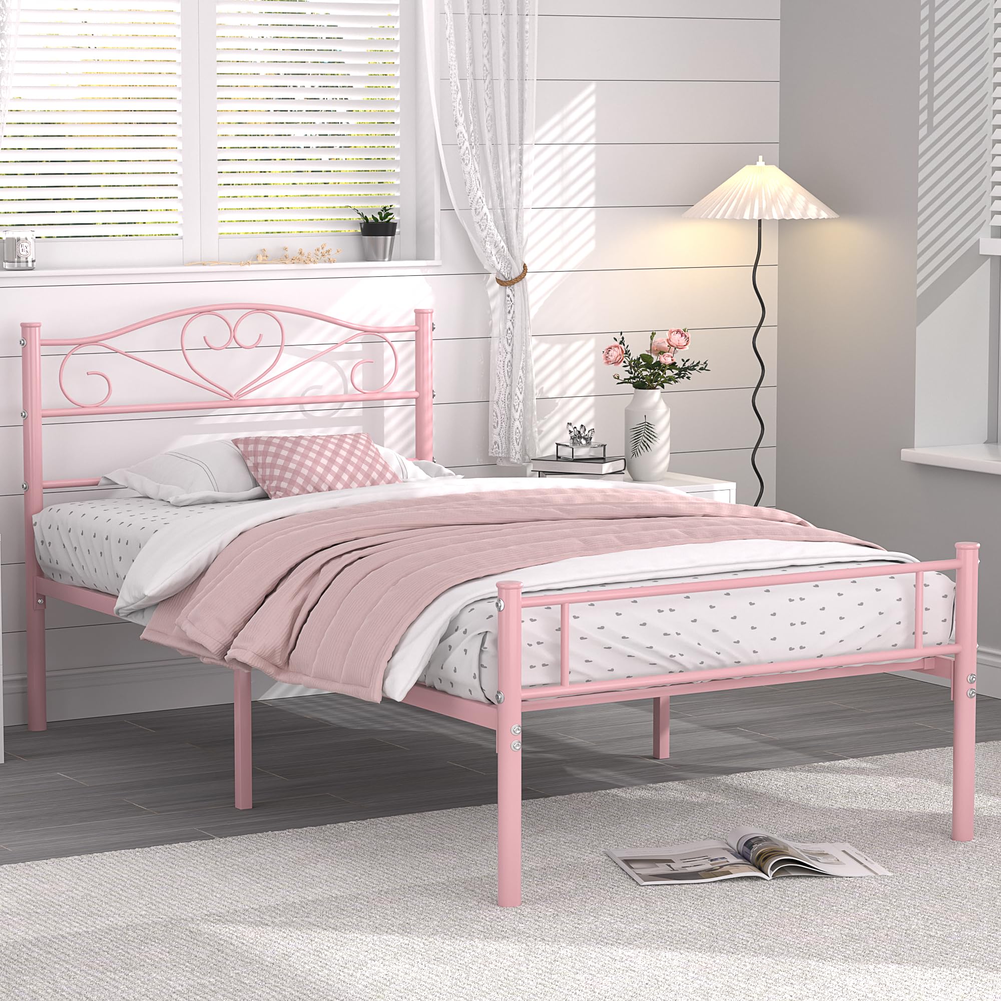 Vecelo 14 Inch Twin Size Metal Platform Bed Frame With Headboard And Footboard, Heavy Duty Mattress Foundation With Steel Slats Support, No Box Spring Needed, Pink