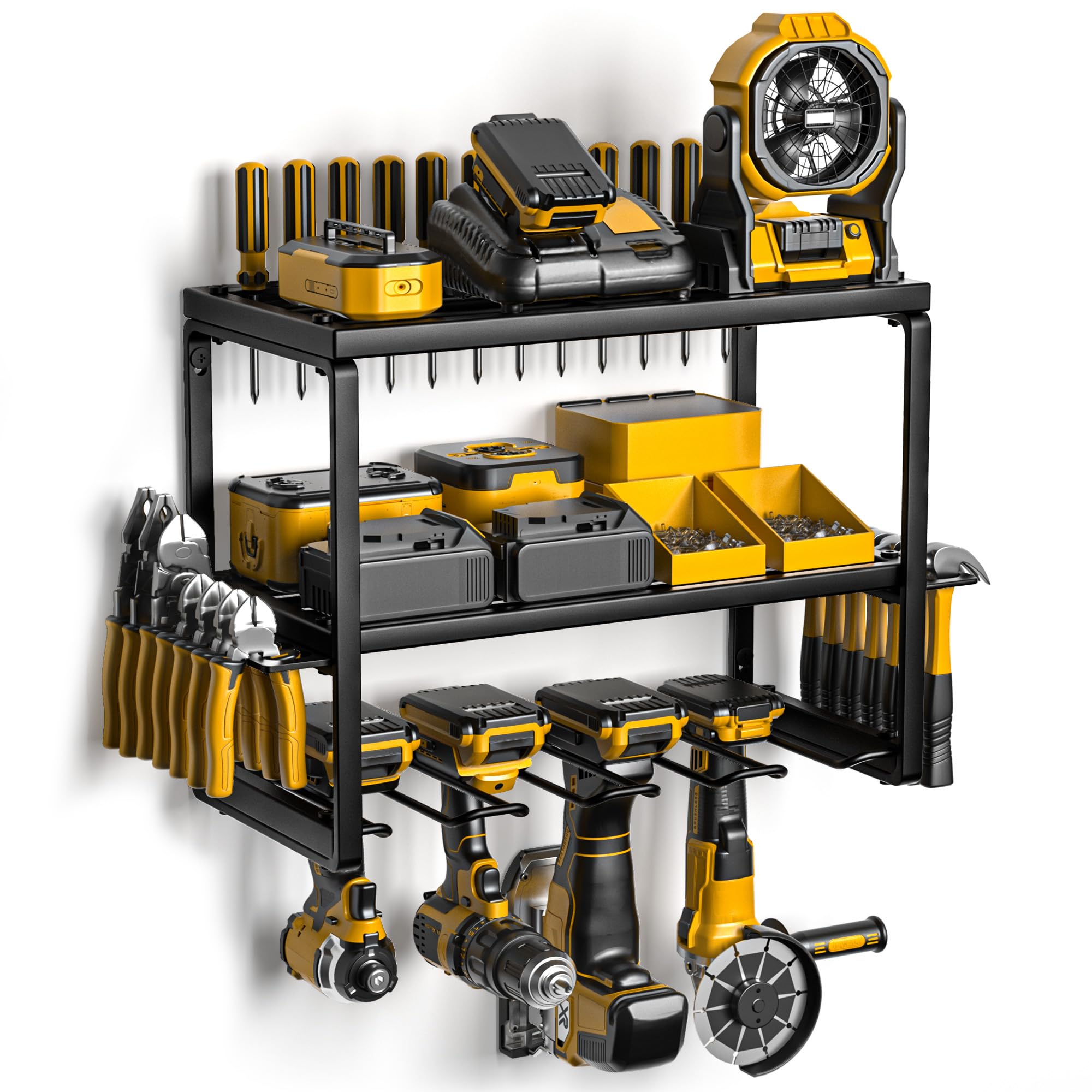 Spamur Power Tool Organizer with Charging Station, 4 Drill Holder Wall Mount, Quick Assembly, Garage Storage Rack, Metal Tool Sh