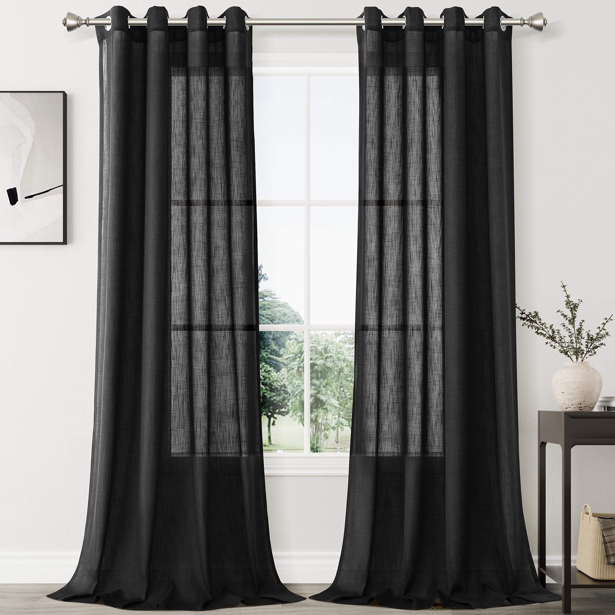 Linen Curtains 96 Inches Long For Living Room Black Grommet Semi Sheer Light Reducing Curtain Drapes 2 Panel Set Airy Lightweigh