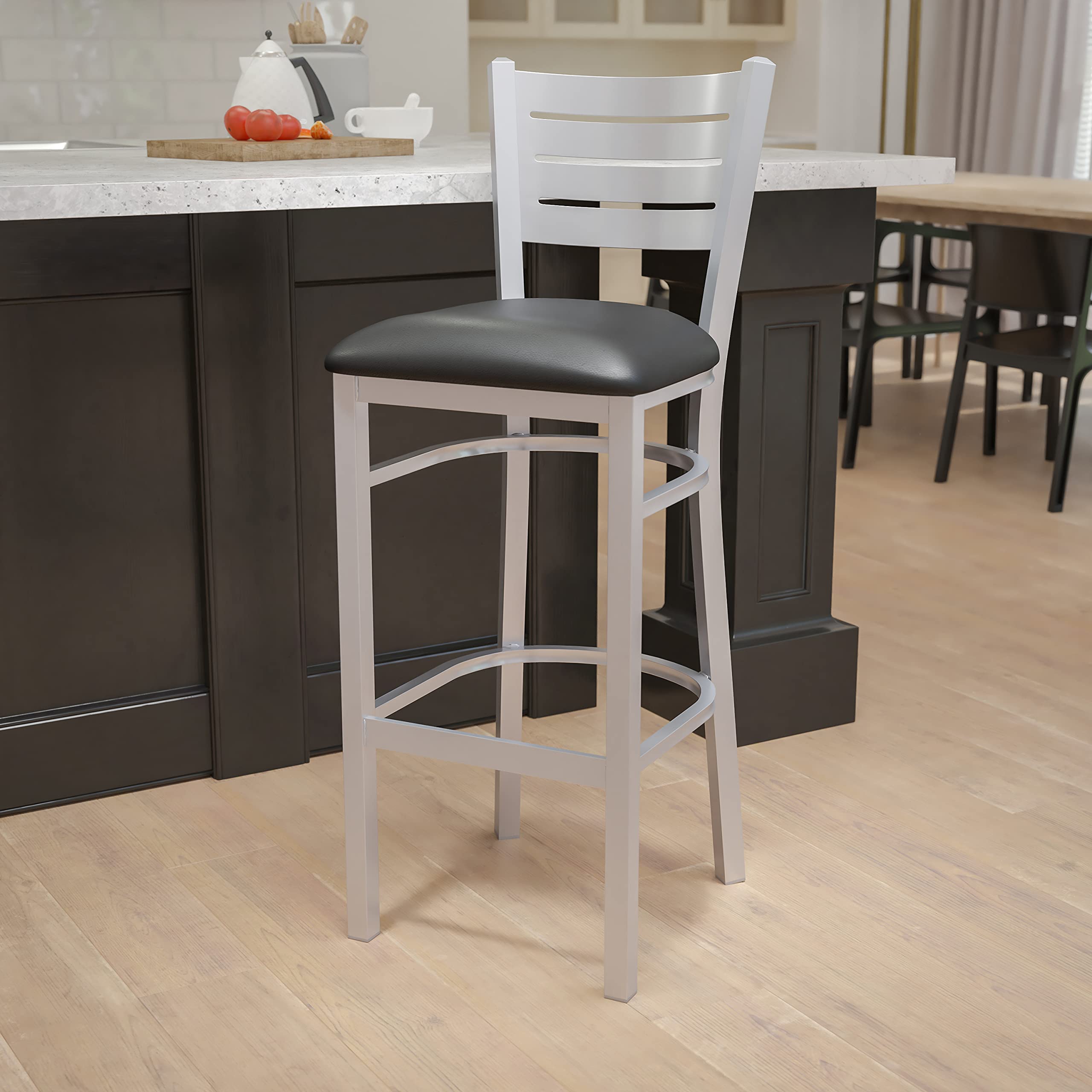 Flash Furniture Hercules Series Silver Slat Back Metal Restaurant Barstool - Walnut Wood Seat