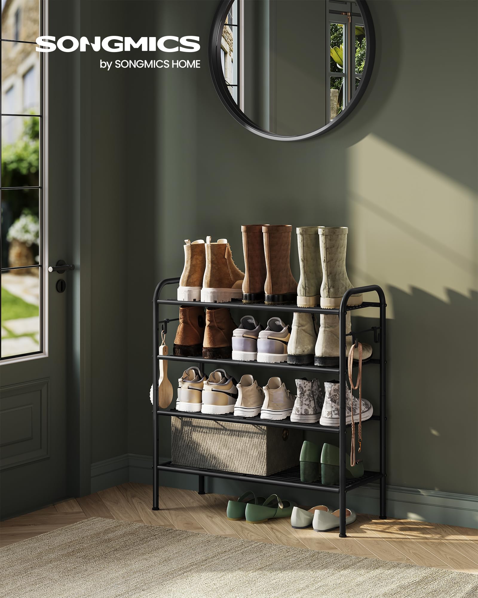 Songmics Shoe Rack, 4-Tier Shoe Organizer, Metal Shoe Shelf Storage With 4 Side Hooks, Holds 16 Pairs Of Shoes, Height-Adjustable Shoe Rack For Entryway, Hallway, Closet, Easy Assembly, Ink Black