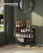 Songmics Shoe Rack, 4-Tier Shoe Organizer, Metal Shoe Shelf Storage With 4 Side Hooks, Holds 16 Pairs Of Shoes, Height-Adjustable Shoe Rack For Entryway, Hallway, Closet, Easy Assembly, Ink Black