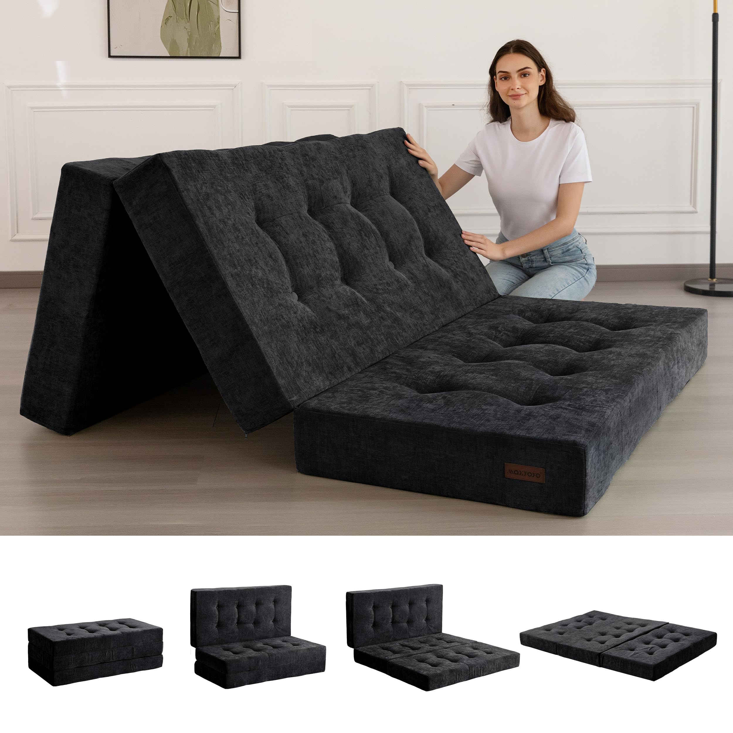 MAXYOYO Tri-Fold Mattress, 6 Inch Tufted Folding Mattress with Chenille Fabric, Portable Twin Size Floor Guest Mat for Adults, F