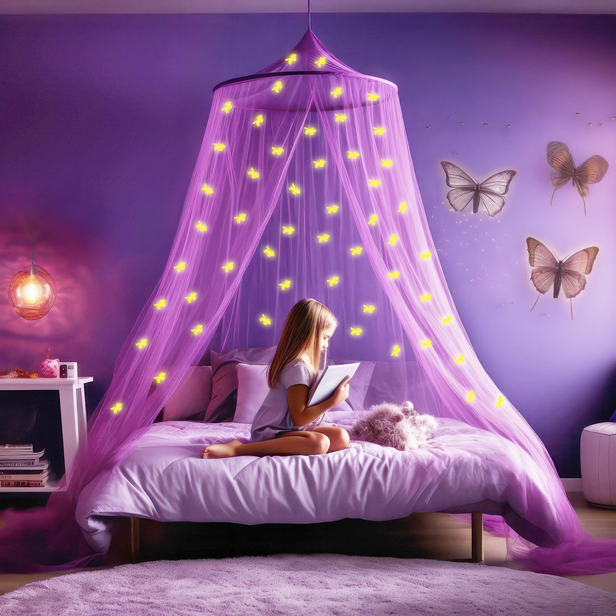 Purple Canopy For Girls Bed With Pre-Glued Glow In The Dark Unicorns - Princess Mosquito Net Room Decor - Kids & Baby Bedroom Te