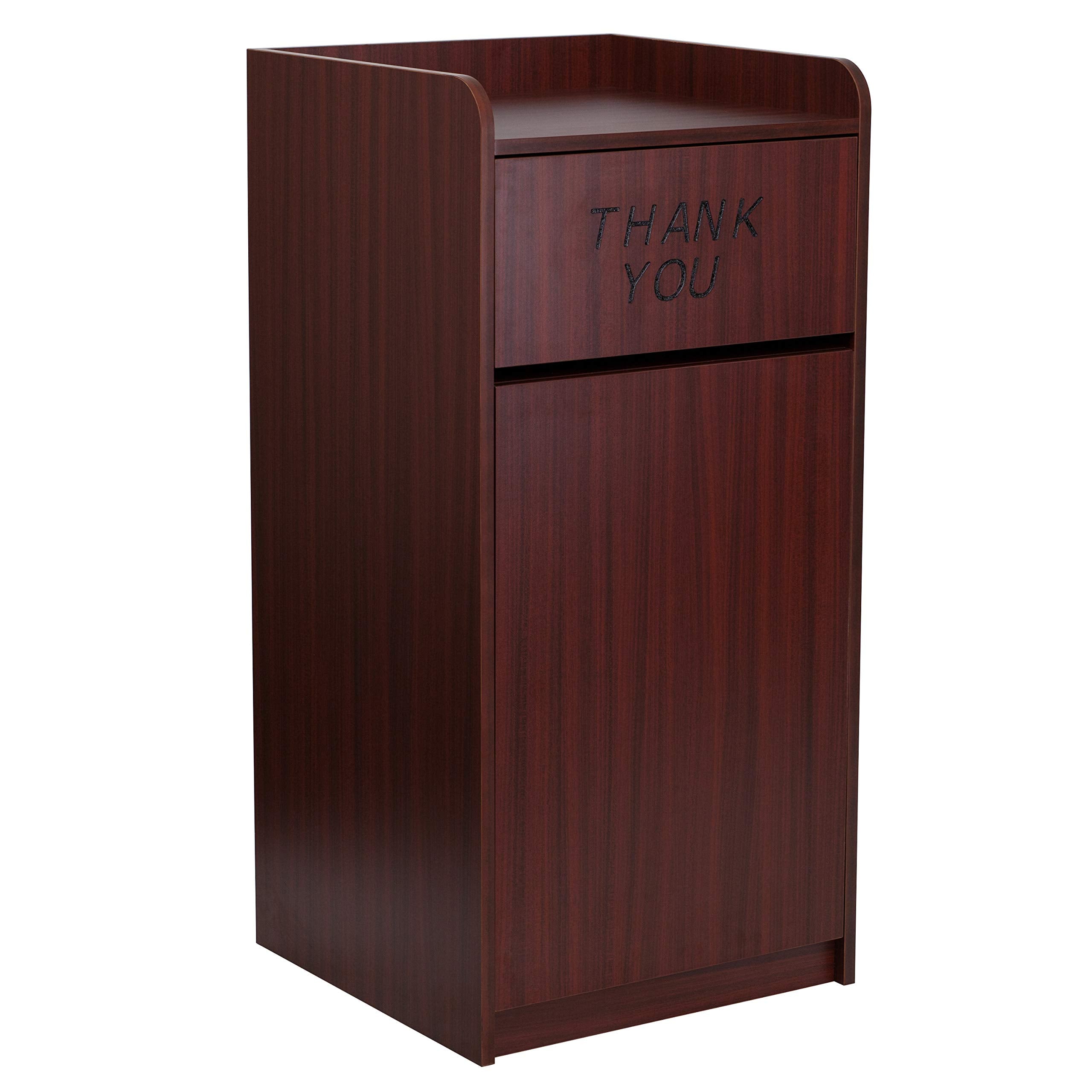 Flash Furniture Sony Laminate Wood Commercial-Grade Trash Receptacle with Tray Top, Wooden Restaurant Trash Can Garbage Receptacle, Mahogany