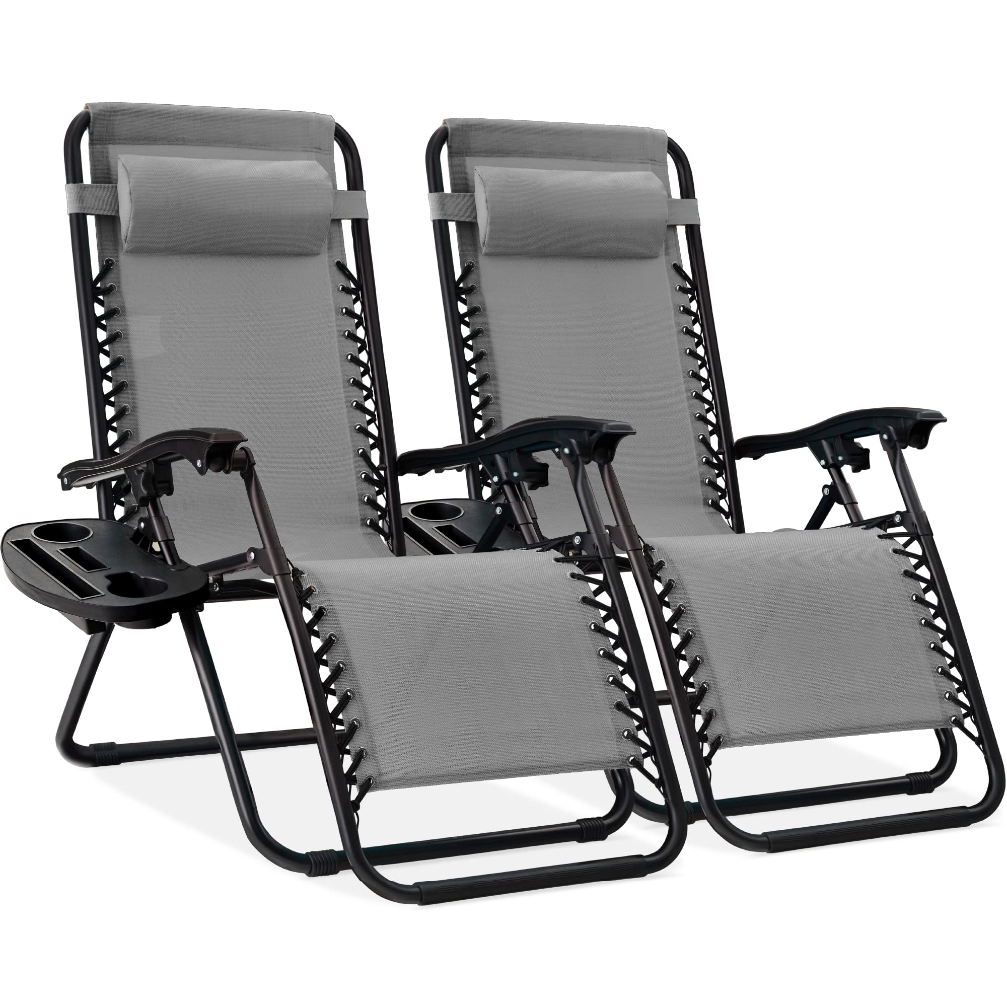 Best Choice Products Set of 2 Adjustable Steel Mesh Zero Gravity Lounge Chair Recliners w/Pillows and Cup Holder Trays - Ice Gra