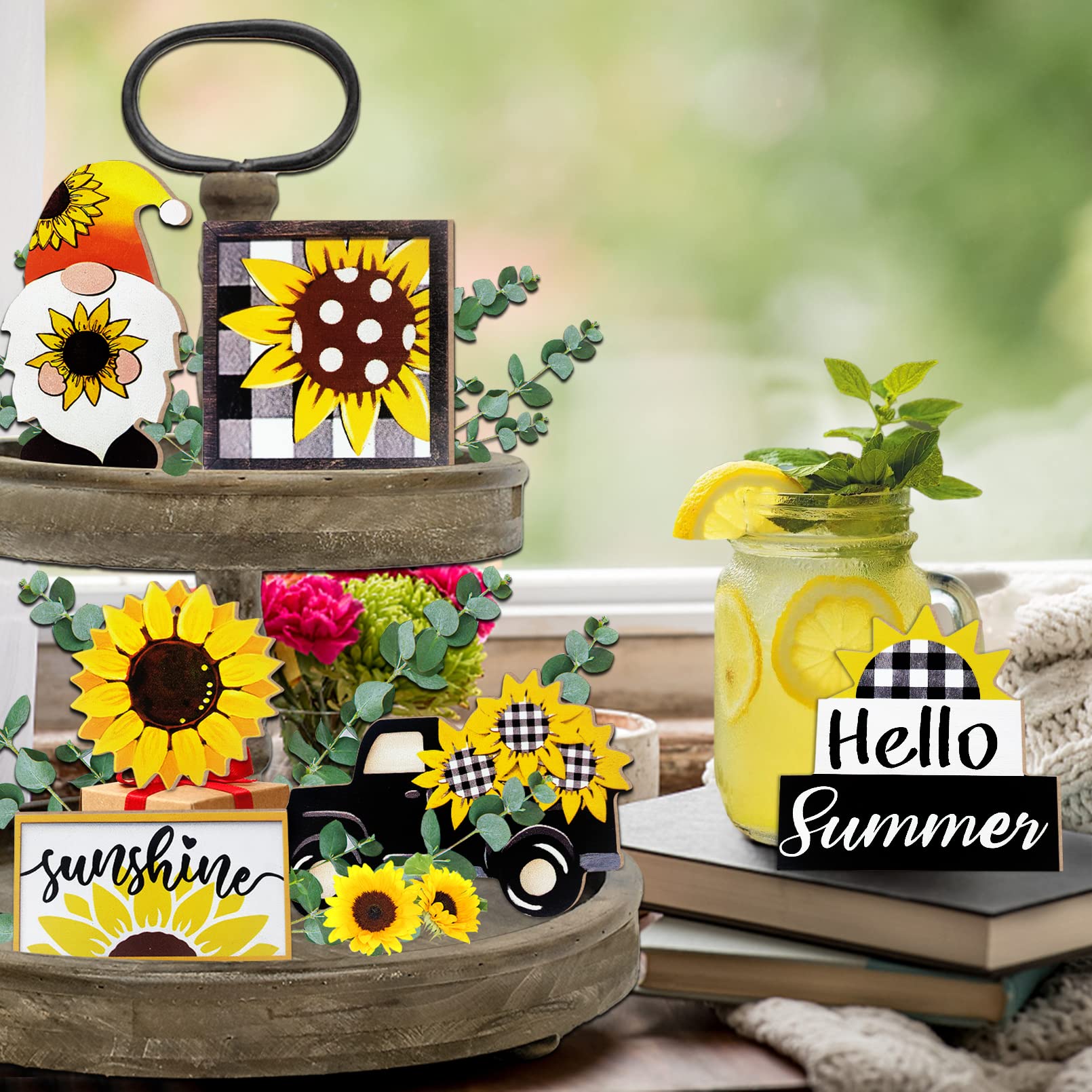Guoofu Summer Tiered Tray Decor, Farmhouse Sunflower Tray Decorations, Hello Spring Summer Sunflower Gnome Sunshine Truck Wooden