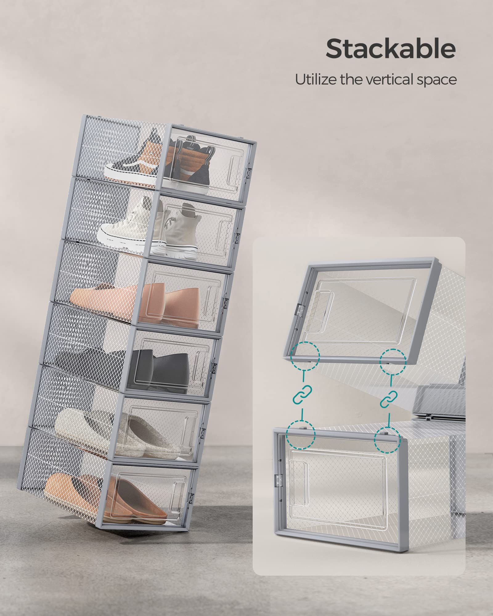Songmics Shoe Boxes, Pack Of 12 Shoe Storage Organizers, Stackable Clear Plastic Boxes For Closet, Sneakers, 9.1 X 13.1 X 5.6 Inches, Fit Up To Us Size 11, Transparent And Gray Ulsp006G12