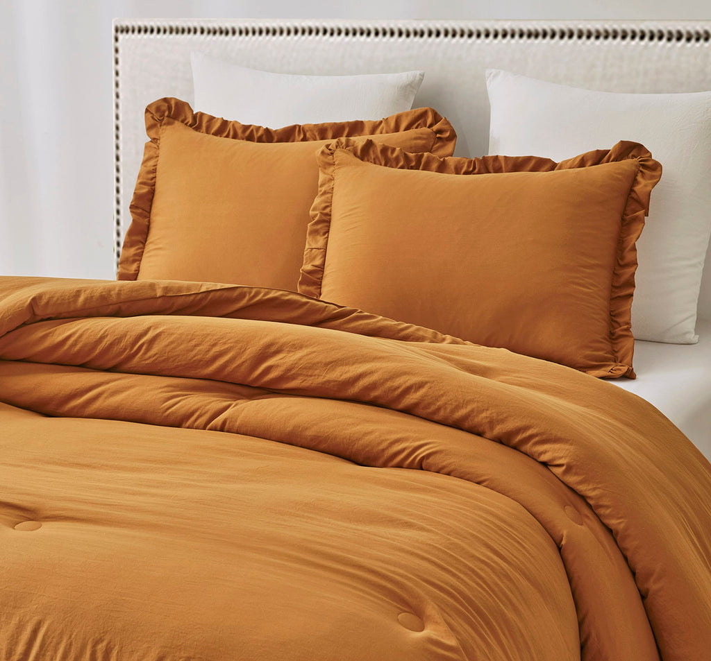 Chezmoi Collection Nora Spice Orange Comforter Set Queen Size 3-Piece Lightweight Fluffy Soft Lightweight Bedding Ruffled Edge T