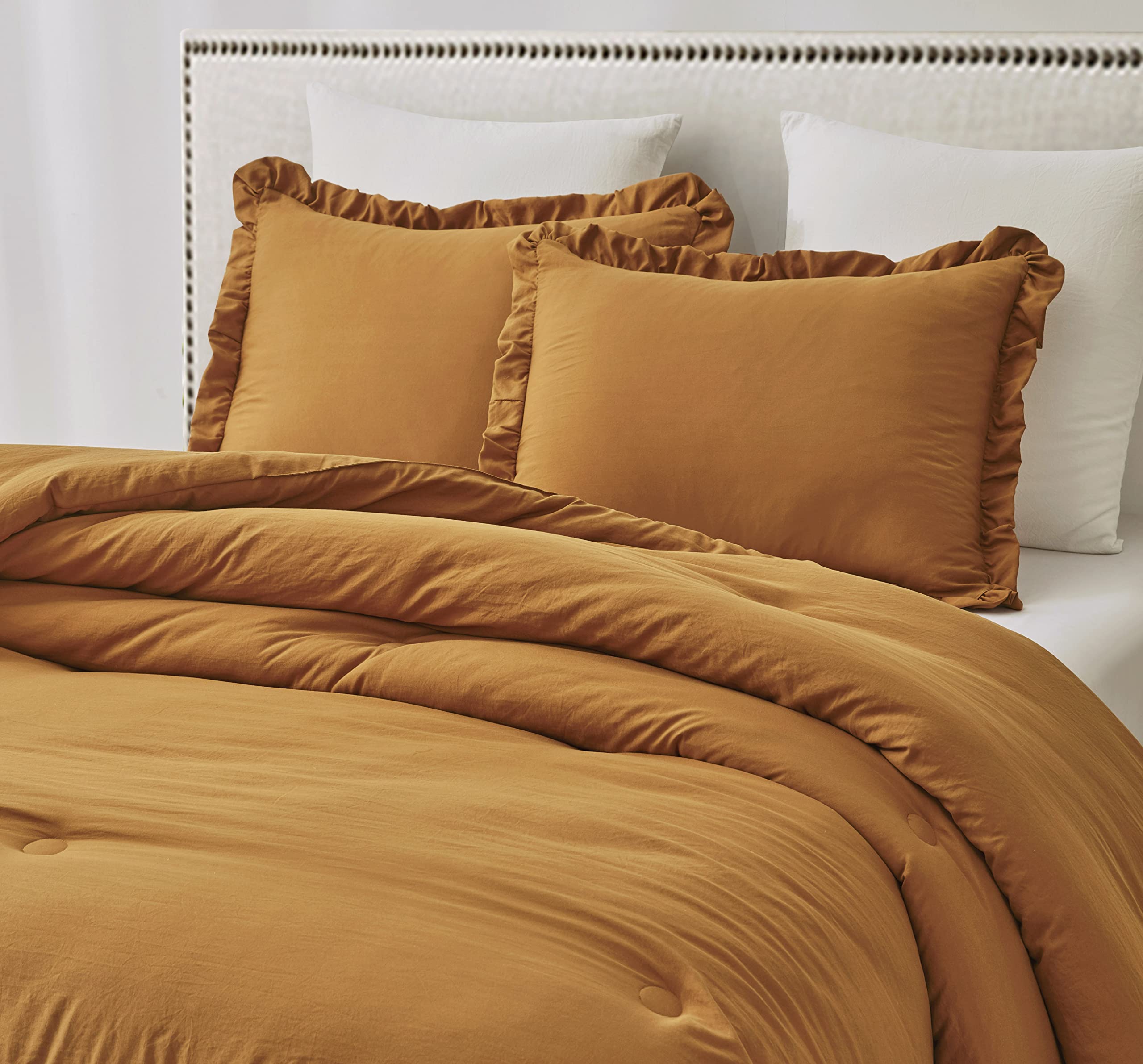 Chezmoi Collection Nora Spice Orange Comforter Set Queen Size 3-Piece Lightweight Fluffy Soft Lightweight Bedding Ruffled Edge T