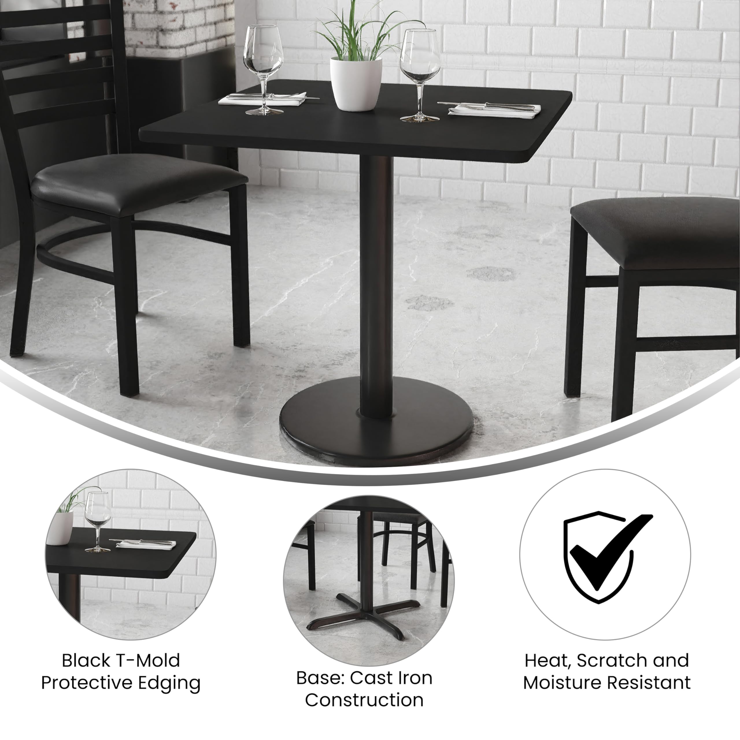 Flash Furniture Stiles 30'' Square Black Laminate Table Top with 18'' Round Table Height Base