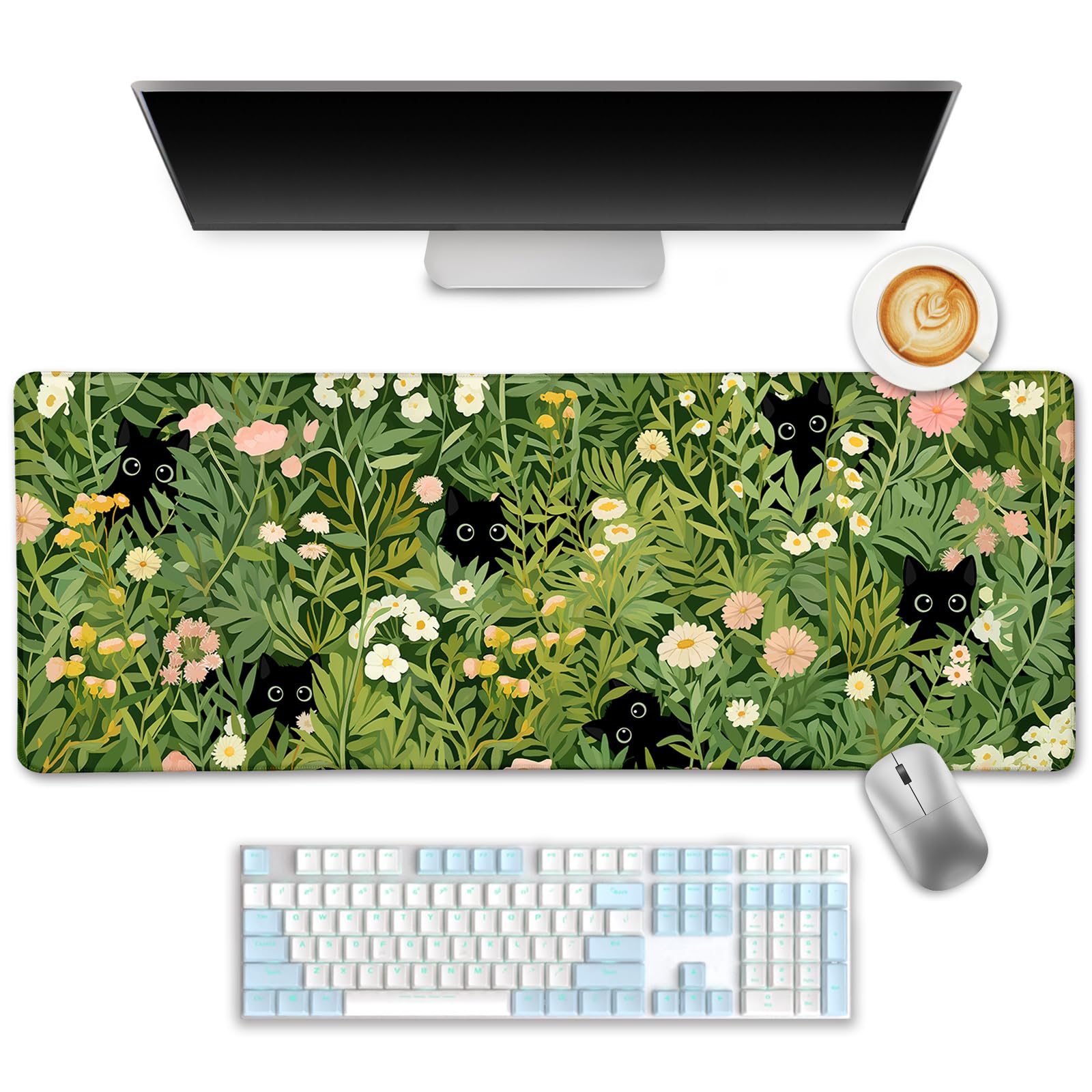 Limkrian Anime Cat Mouse Pad Green Desk Mat, Xl Gaming Mouse Pad With Stitched Edges Non-Slip, Large Keyboard Mat For Desktop Co