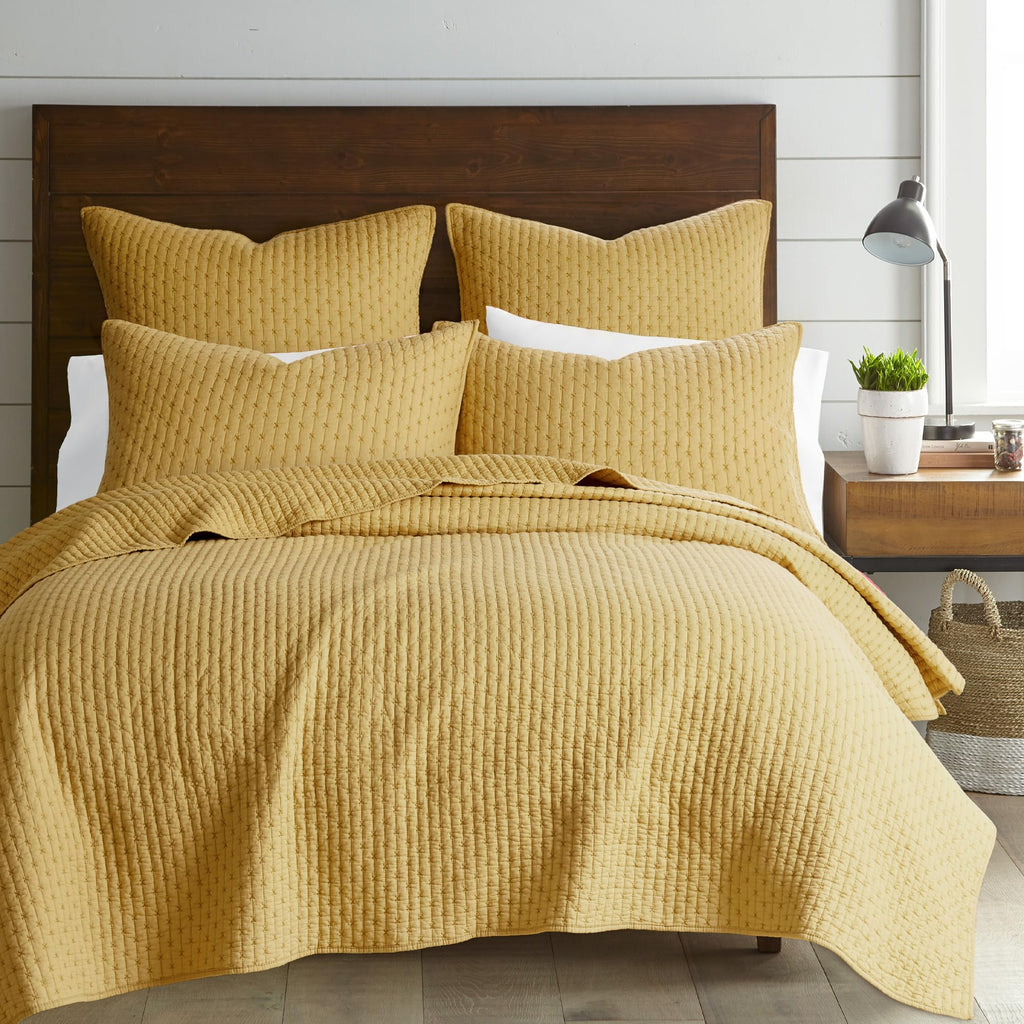 Levtex Home - Cross Stitch Ochre Quilt Set - 100% Cotton - King/Cal King Quilt (106X92In.) + 2 King Shams (36X20In.) - Reversibl