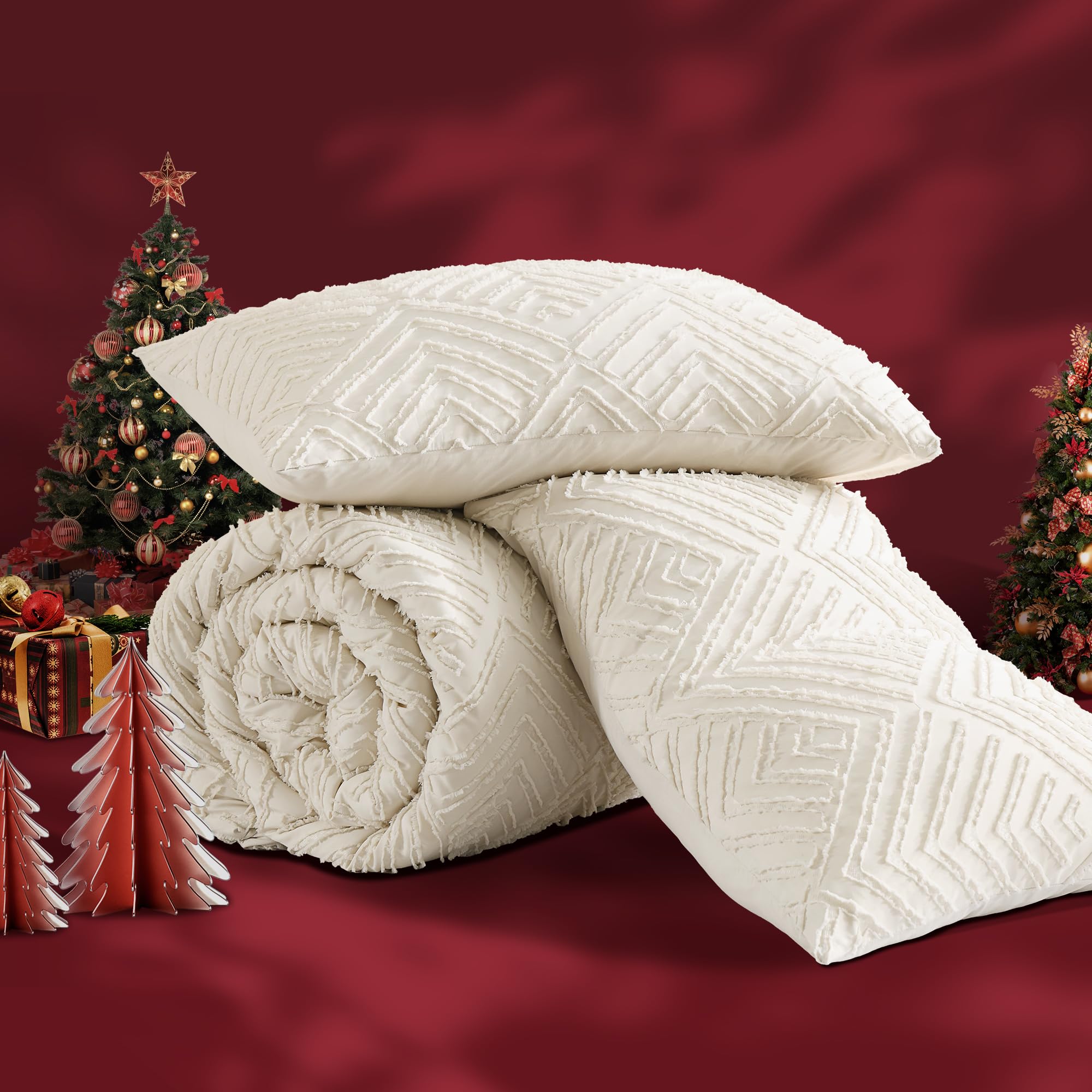 Andency Queen Comforter Set Beige, 3 Pieces Queen Size Comforter Sets Boho Cream Solid Bedding Set & Collections, All Season Tufted Farmhouse Bed Comforter Set (90X90 In Comforter & 2 Pillowcases)