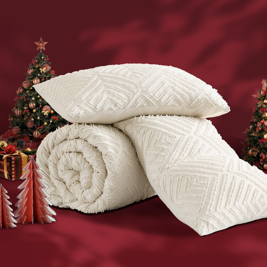 Andency Queen Comforter Set Beige, 3 Pieces Queen Size Comforter Sets Boho Cream Solid Bedding Set & Collections, All Season Tufted Farmhouse Bed Comforter Set (90X90 In Comforter & 2 Pillowcases)