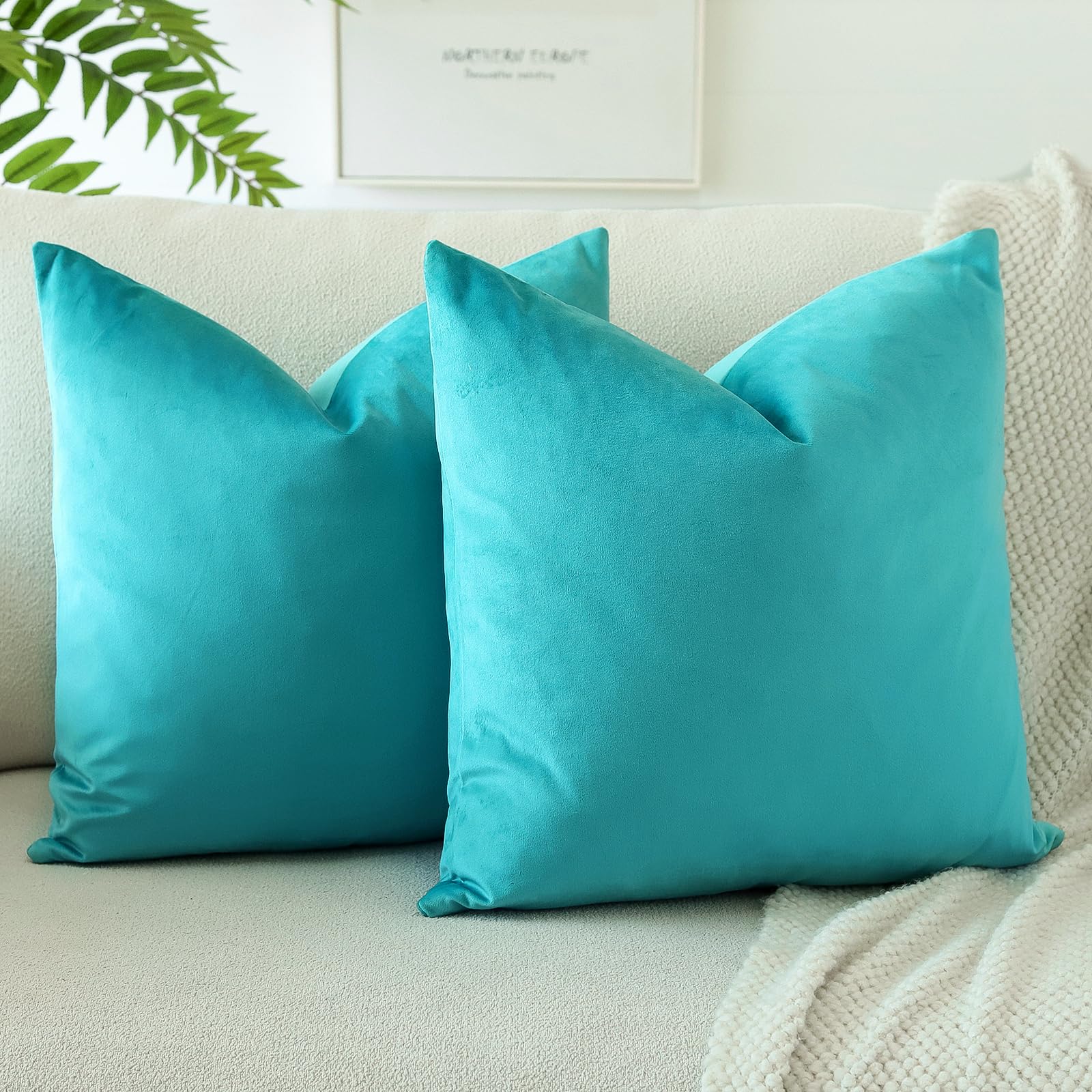 Otostar Pack Of 2 Velvet Soft Decorative Throw Pillow Covers 18 X 18 Inch Solid Square Cushion Case Couch Home Decor Pillow Covers For Sofa Bedroom Living Room (Mint)