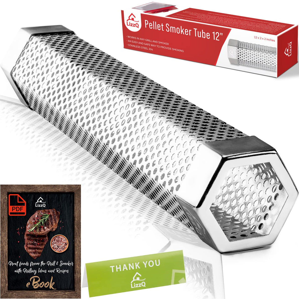 Lizzq Premium Pellet Smoker Tube 12 Inches - 5 Hours Of Billowing Smoke - For Any Grill Or Smoker, Hot Or Cold Smoking - Free Eb