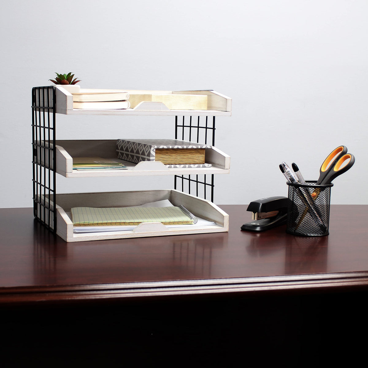 Elegant Designs Home Office Wood Desk Organizer Mail Letter Tray with 3 Shelves, White Wash