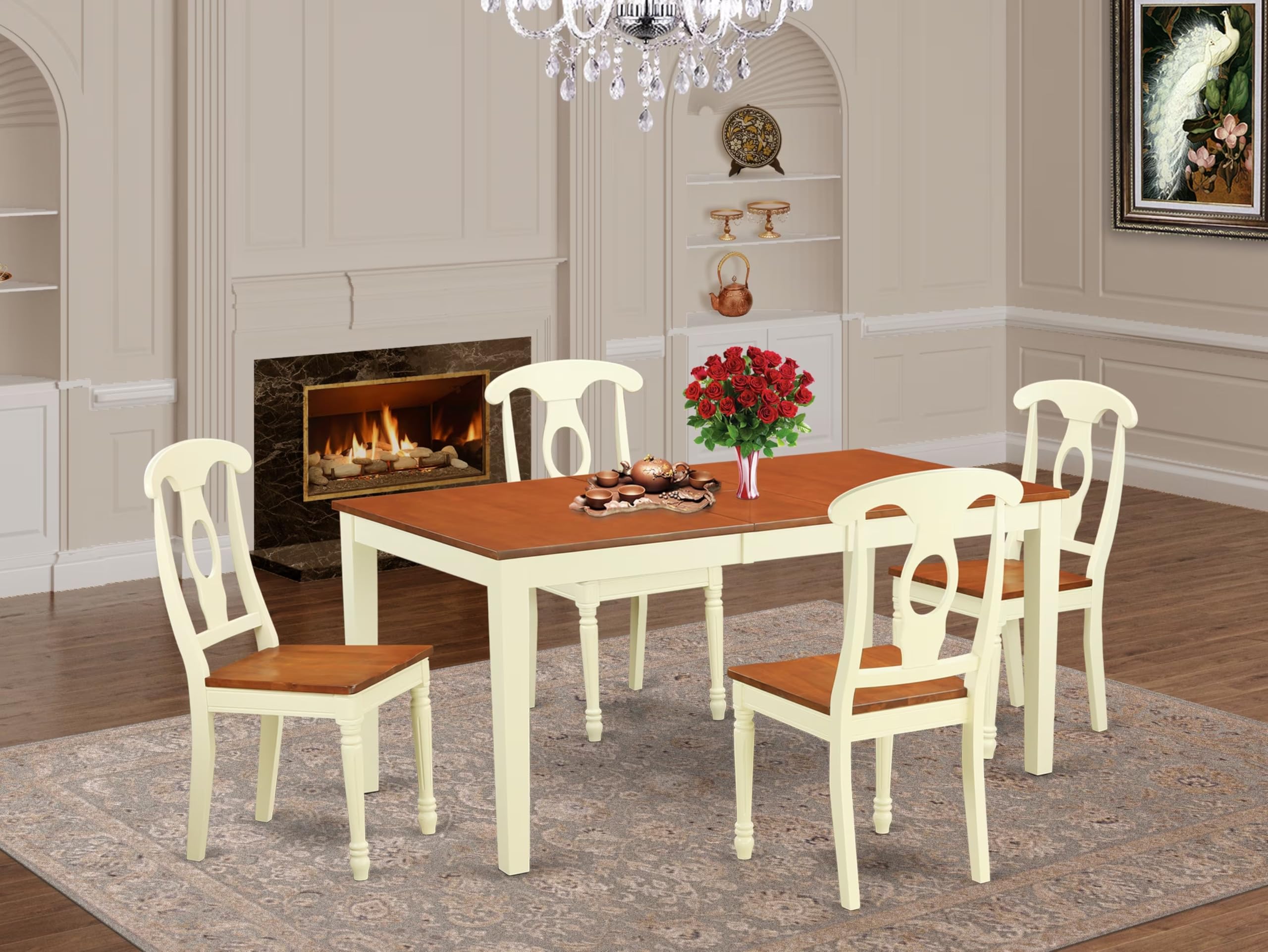 East West Furniture NIKE5-WHI-W 5 Piece Dinette Set for 4 Includes a Rectangle Room Table with Butterfly Leaf and 4 Dining Chairs, 36x66 Inch, Buttermilk & Cherry