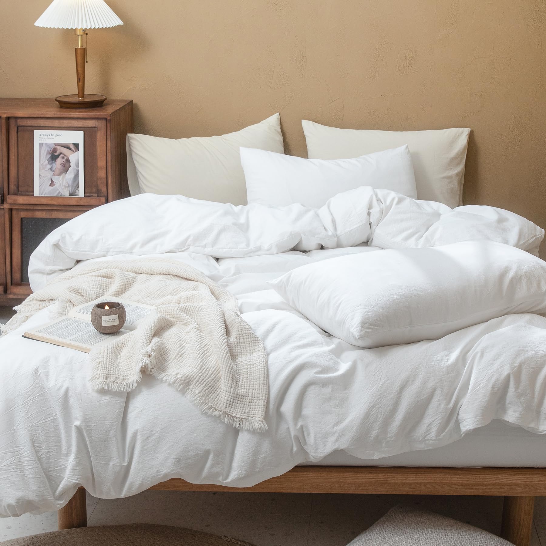 Fossa Duvet Cover Set 100% Washed Cotton Linen Feel Super Soft Breathable Cozy 3 Pieces Bedding Sets Solid Bright White King