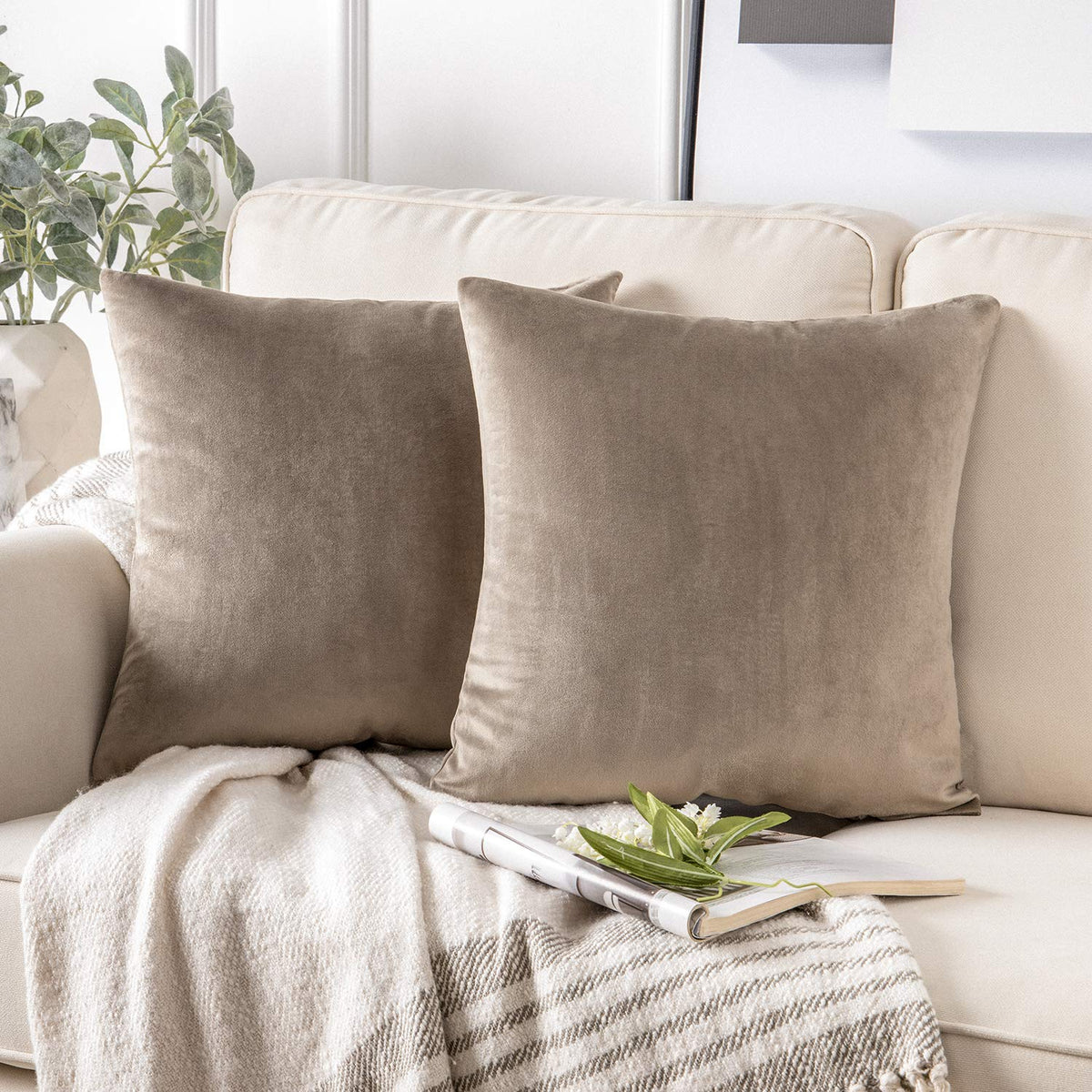 Phantoscope Pack Of 2 Fall Velvet Decorative Throw Pillow Covers Soft Solid Square Cushion Case For Couch Light Coffee 18 X 18 I