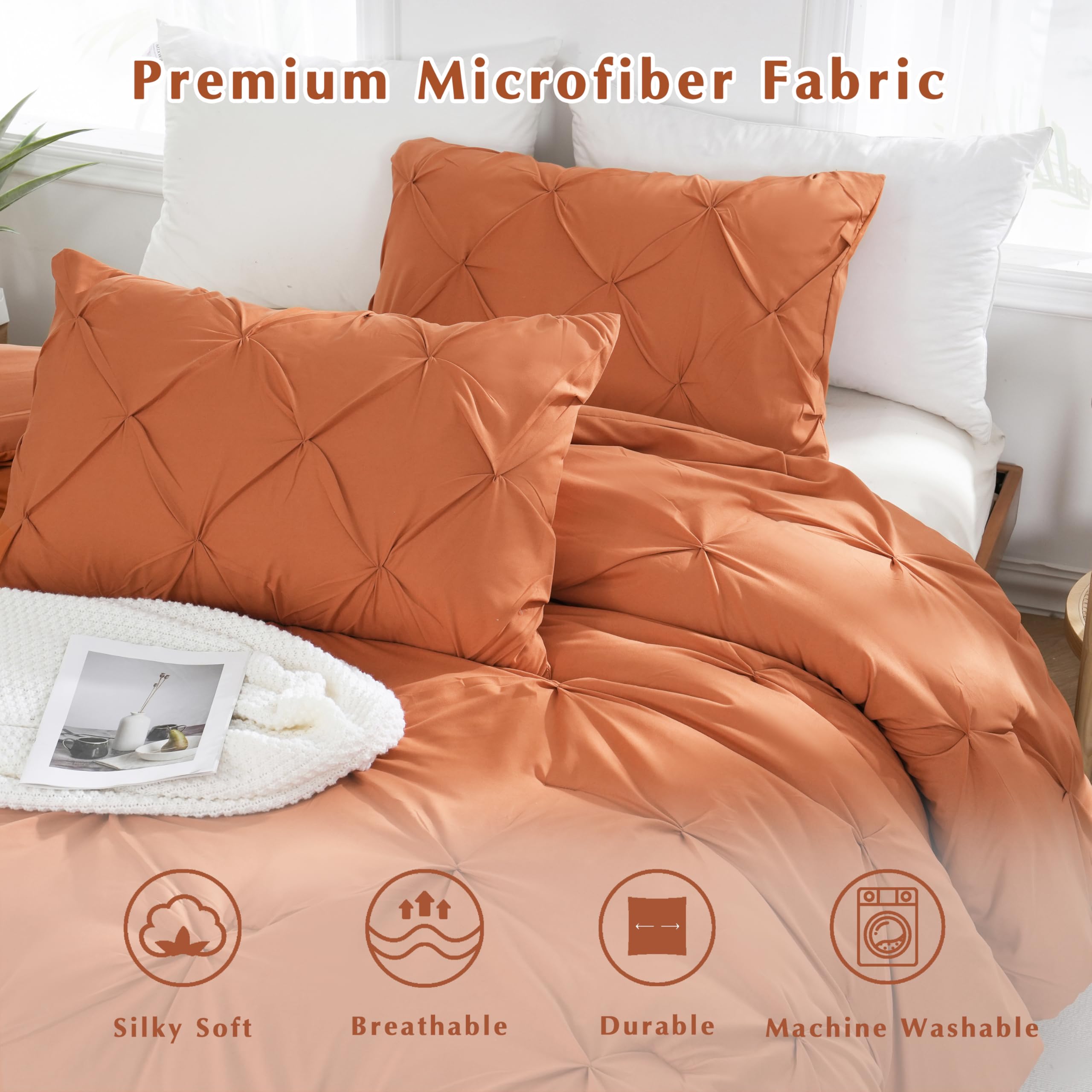 Downcool King Size Comforter Set - Burnt Orange Comforter King Size, 3 Pieces Pintuck Bedding Comforter Sets, Pinch Pleated Comf