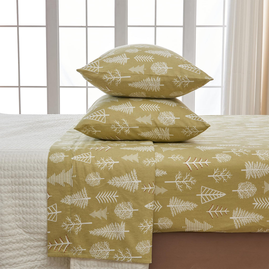 4 Piece 100% Turkish Cotton Full Winter Lodge Flannel Sheet Set | Cotton Printed Bedding Sheets & Pillowcases | Double-Brushed F