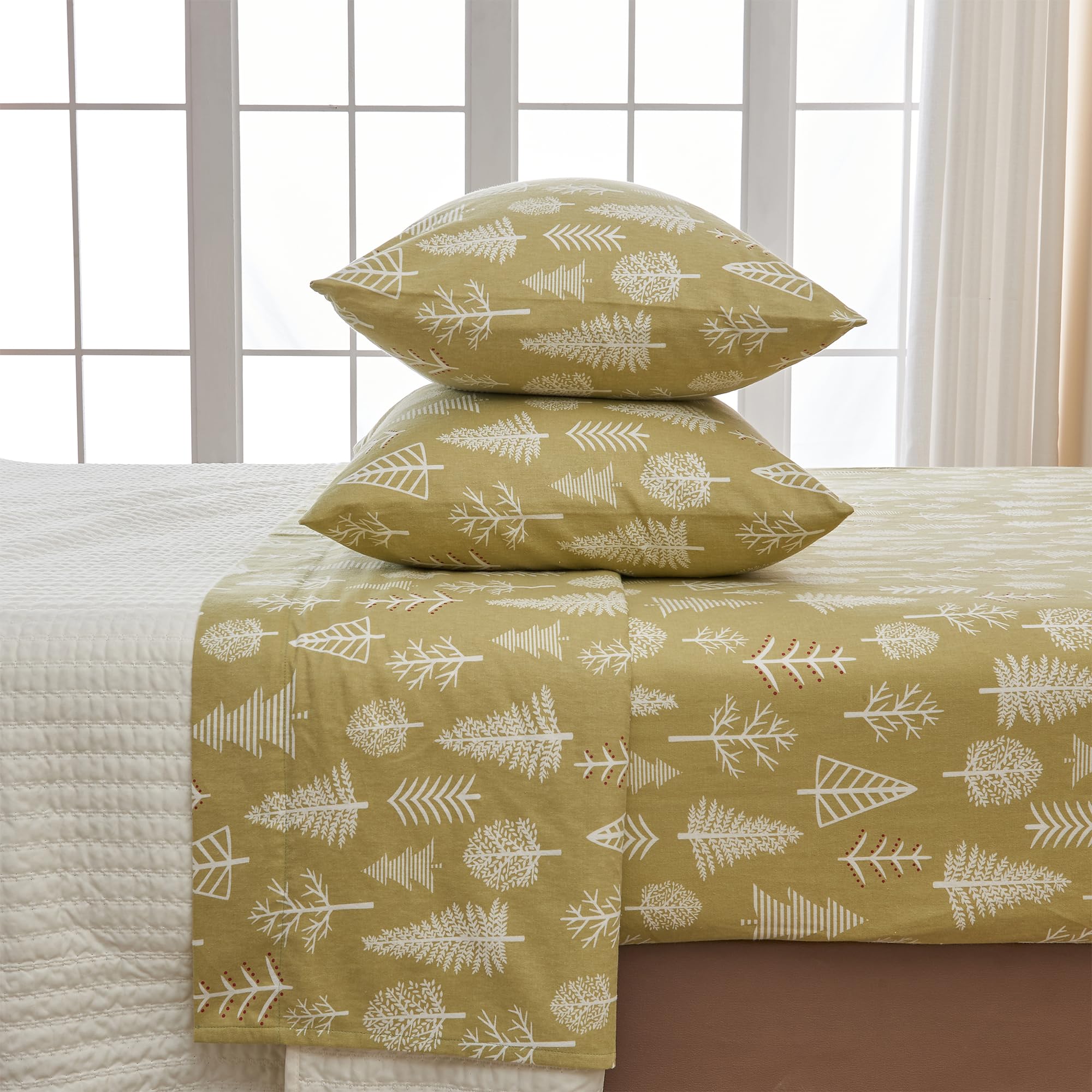 4 Piece 100% Turkish Cotton Full Winter Lodge Flannel Sheet Set | Cotton Printed Bedding Sheets & Pillowcases | Double-Brushed F