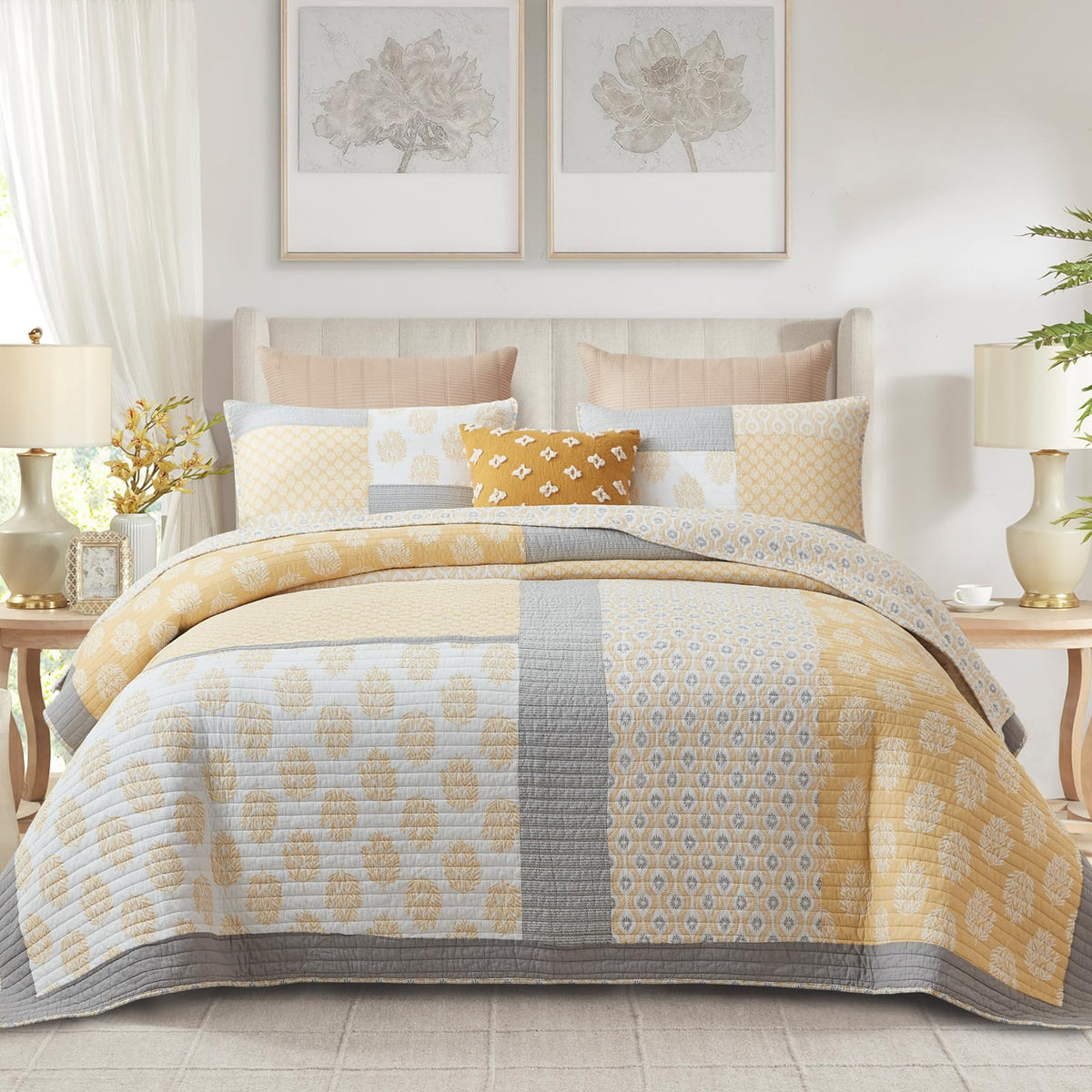 Finlonte King Size Quilt, 100% Cotton Comforter King Size, Yellow Grey Farmhouse Quilted Bedspread, Patchwork Lightweight Revers