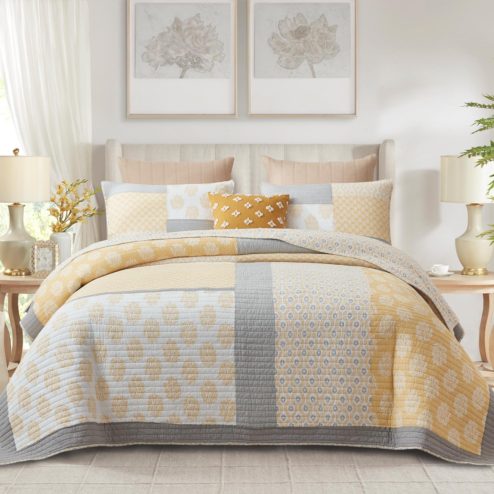 Finlonte King Size Quilt, 100% Cotton Comforter King Size, Yellow Grey Farmhouse Quilted Bedspread, Patchwork Lightweight Revers