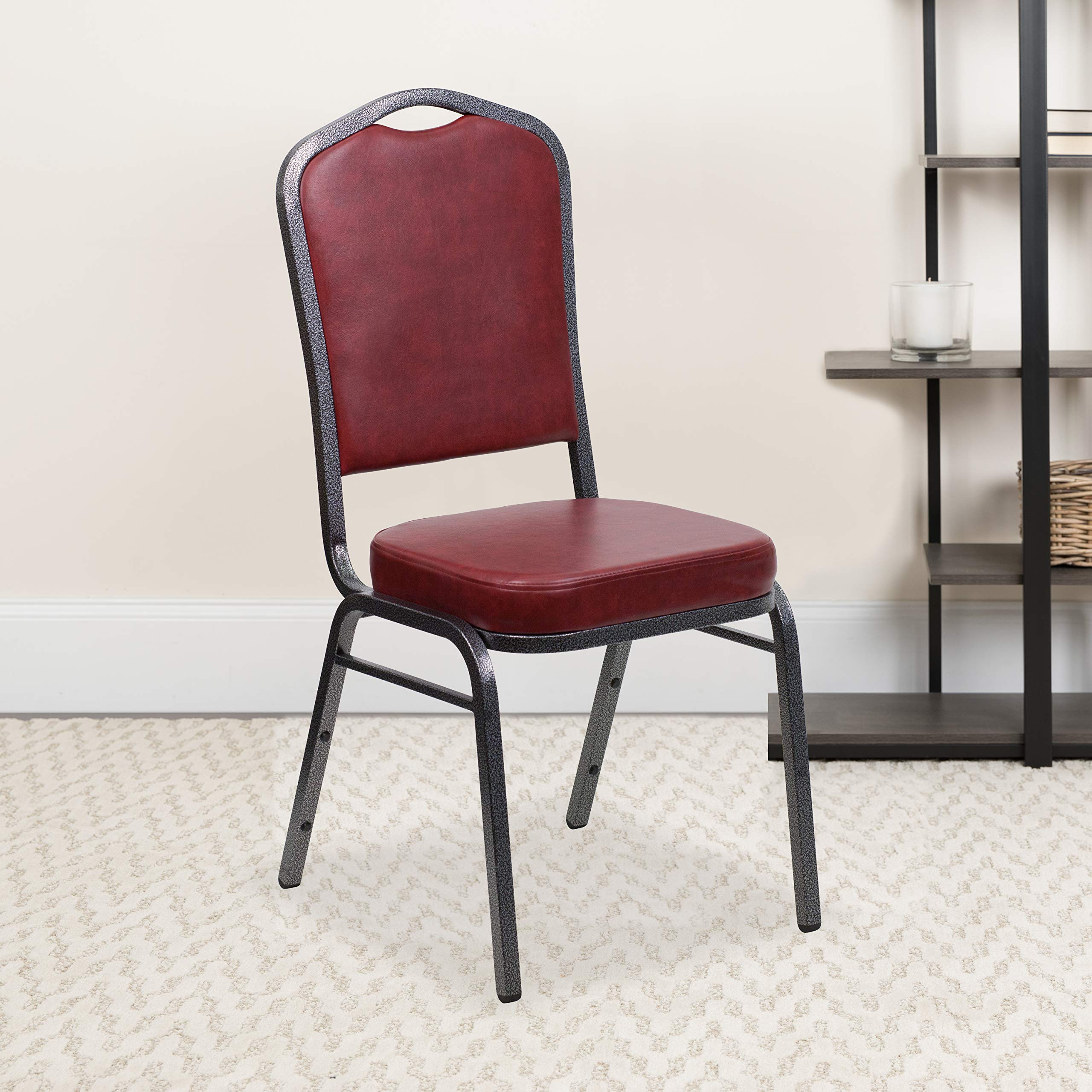 Flash Furniture HERCULES Series Crown Back Stacking Banquet Chair in Burgundy Vinyl - Silver Vein Frame