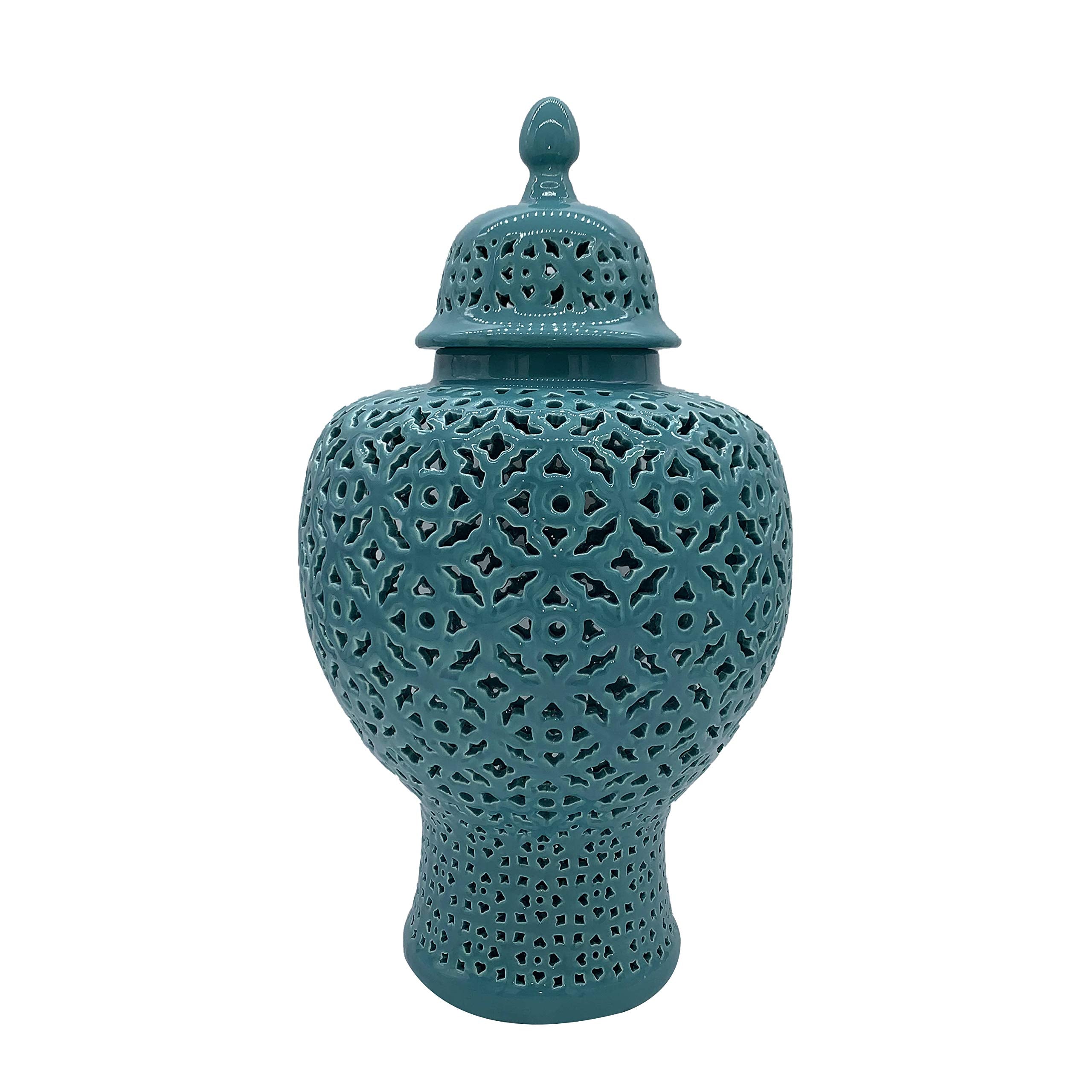 Galt International 23 Hand Carved Cutout Lattice Ginger Jar with Lid - Porcelain Home Decor with Intricate Mediterranean Inspire