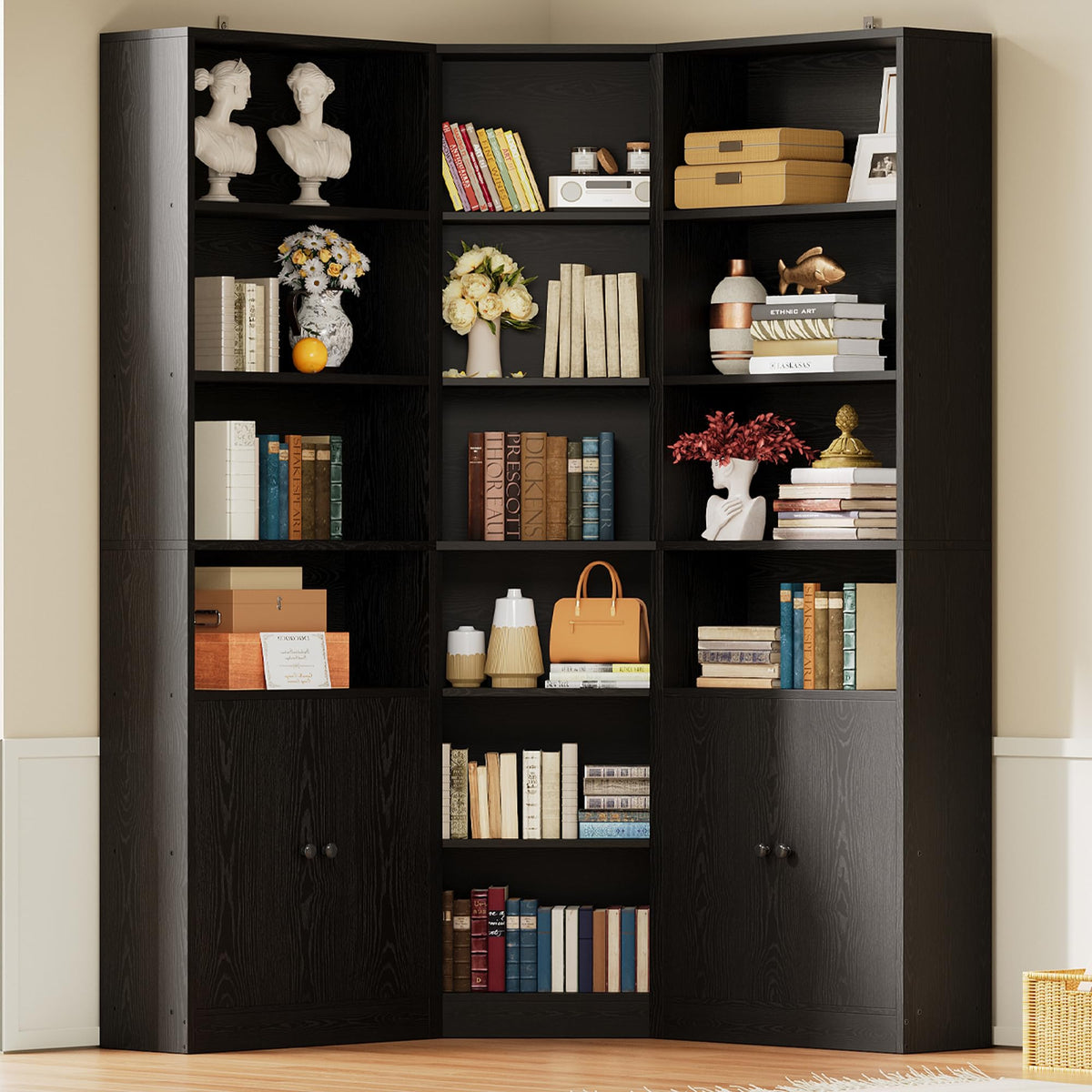 Ironck Corner Bookshelf And Bookcase With 2 Storage Cabinets And 7 Tier Shelves, 71 ' Height Storage Shelves Corner Combination