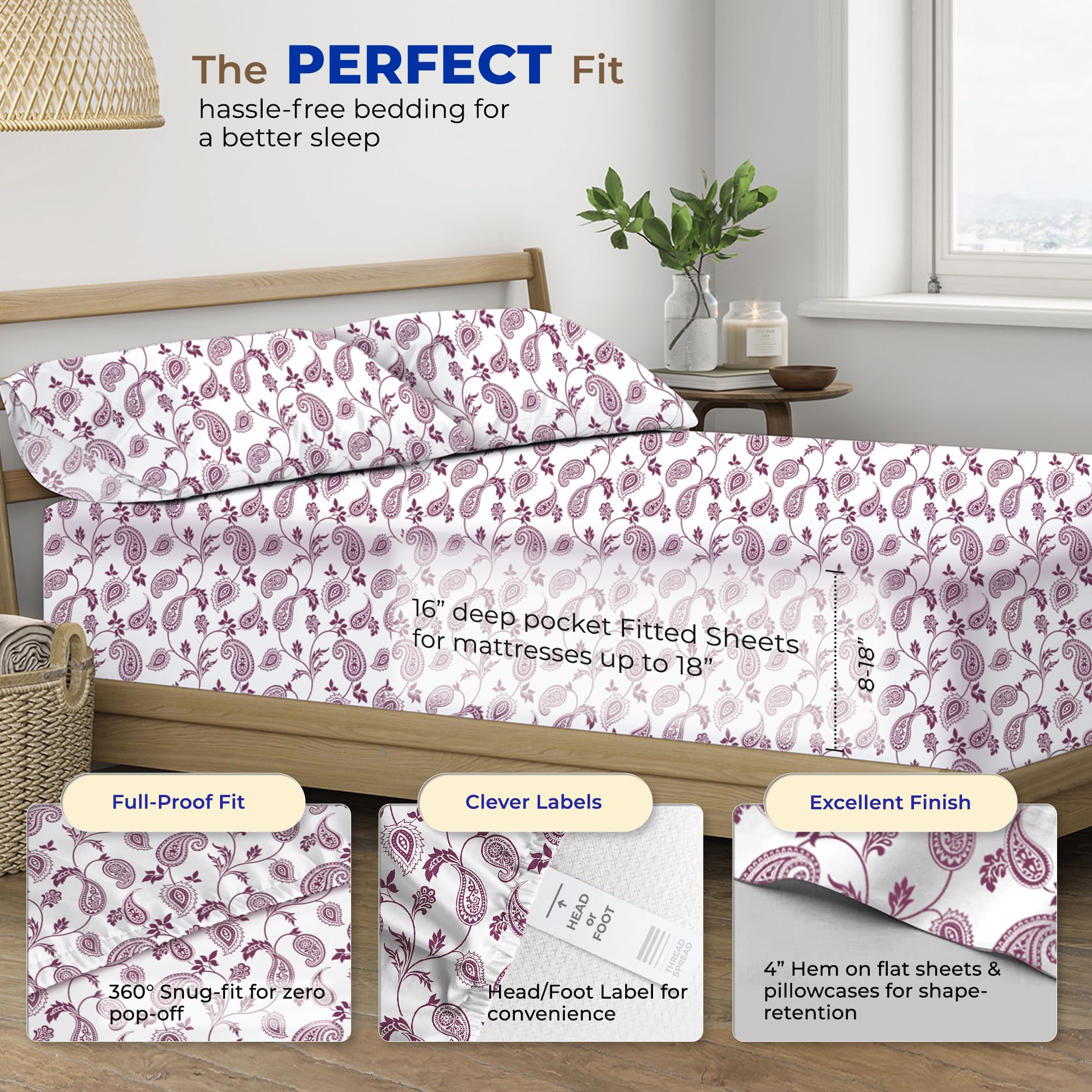 Thread Spread 100% Egyptian Cotton Printed Bed Sheets - 600 Thread Count 4 Pc King Sheet Set, Hotel Luxury Sateen Bedsheets, 16' Deep Pocket Extra Soft Cooling Sheets For King Size Bed - Paisley
