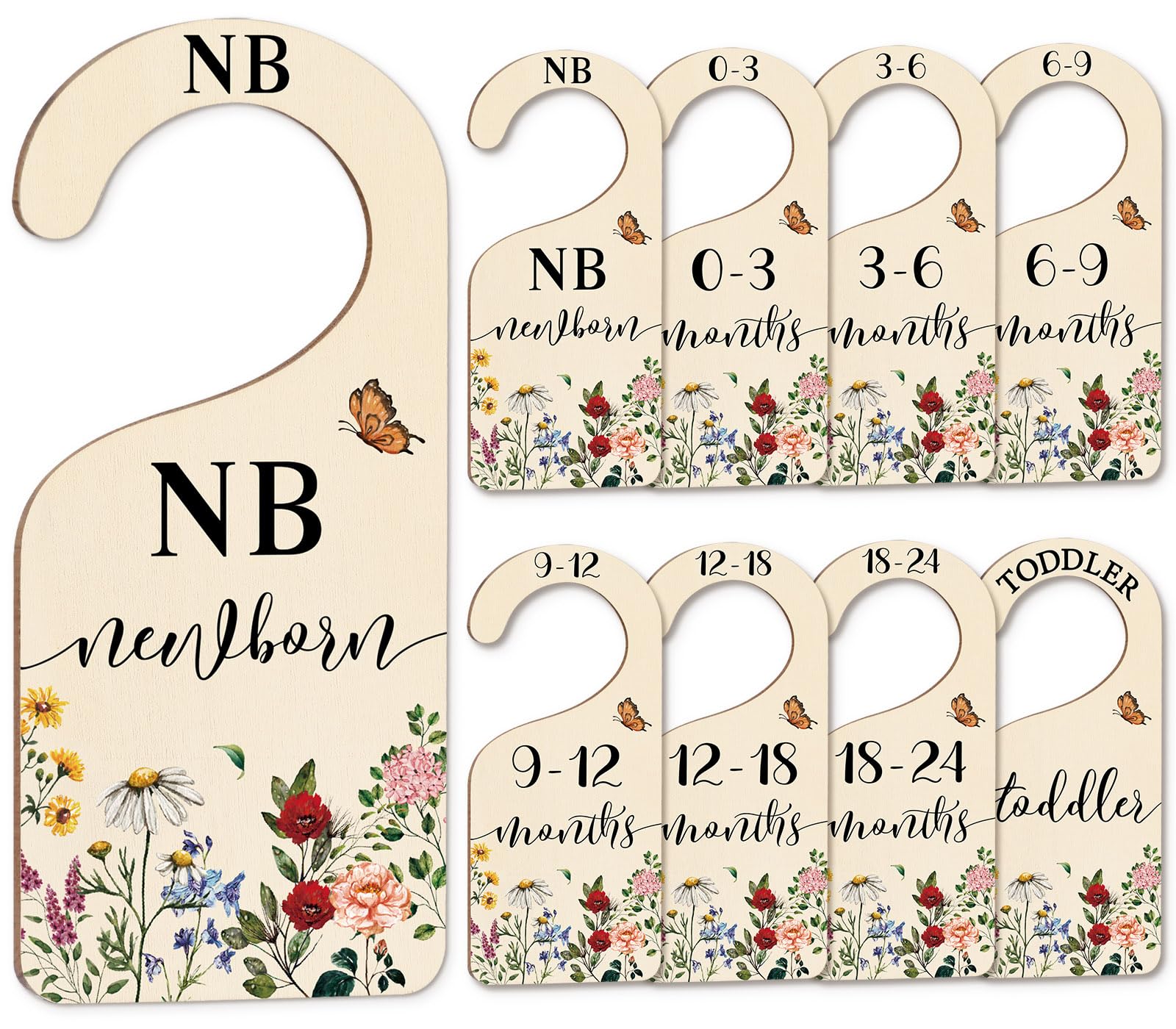 Whaline 8Pcs Vintage Wildflower Hanging Wood Baby Closet Size Dividers and Organizer - Newborn to 24 Months - Thicken Wardrobe O