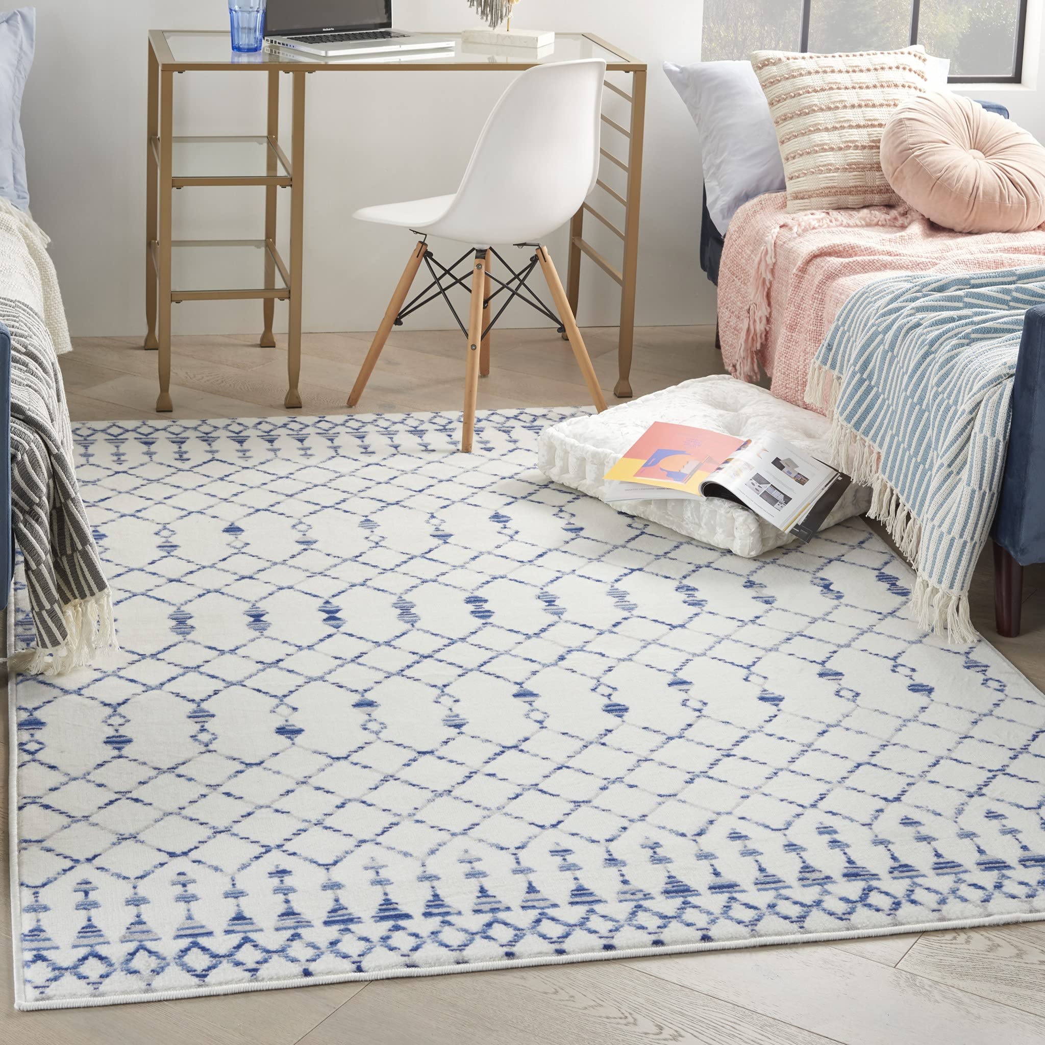 HomeRoots 100% Polypropylene 6’ x 9’ Ivory and Blue Berber Pattern Area Rug