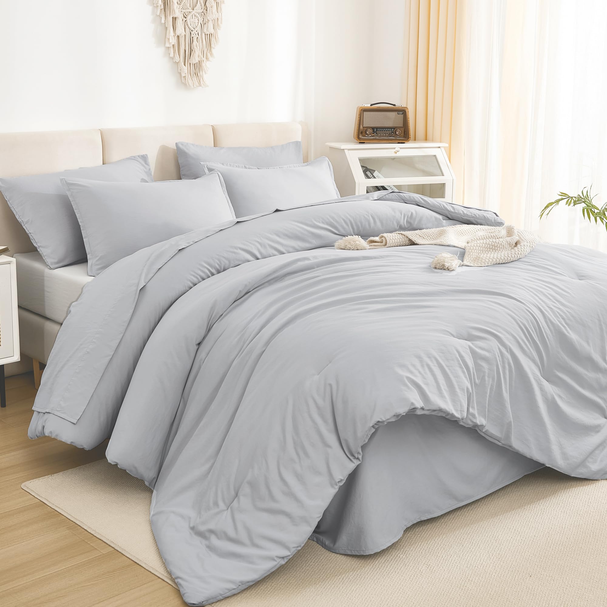Litanika Queen Comforter Set Light Grey - 7 Pieces Bed In A Bag Queen Beddding Comforter Sets, Solid Lightweight Bed Set With Co