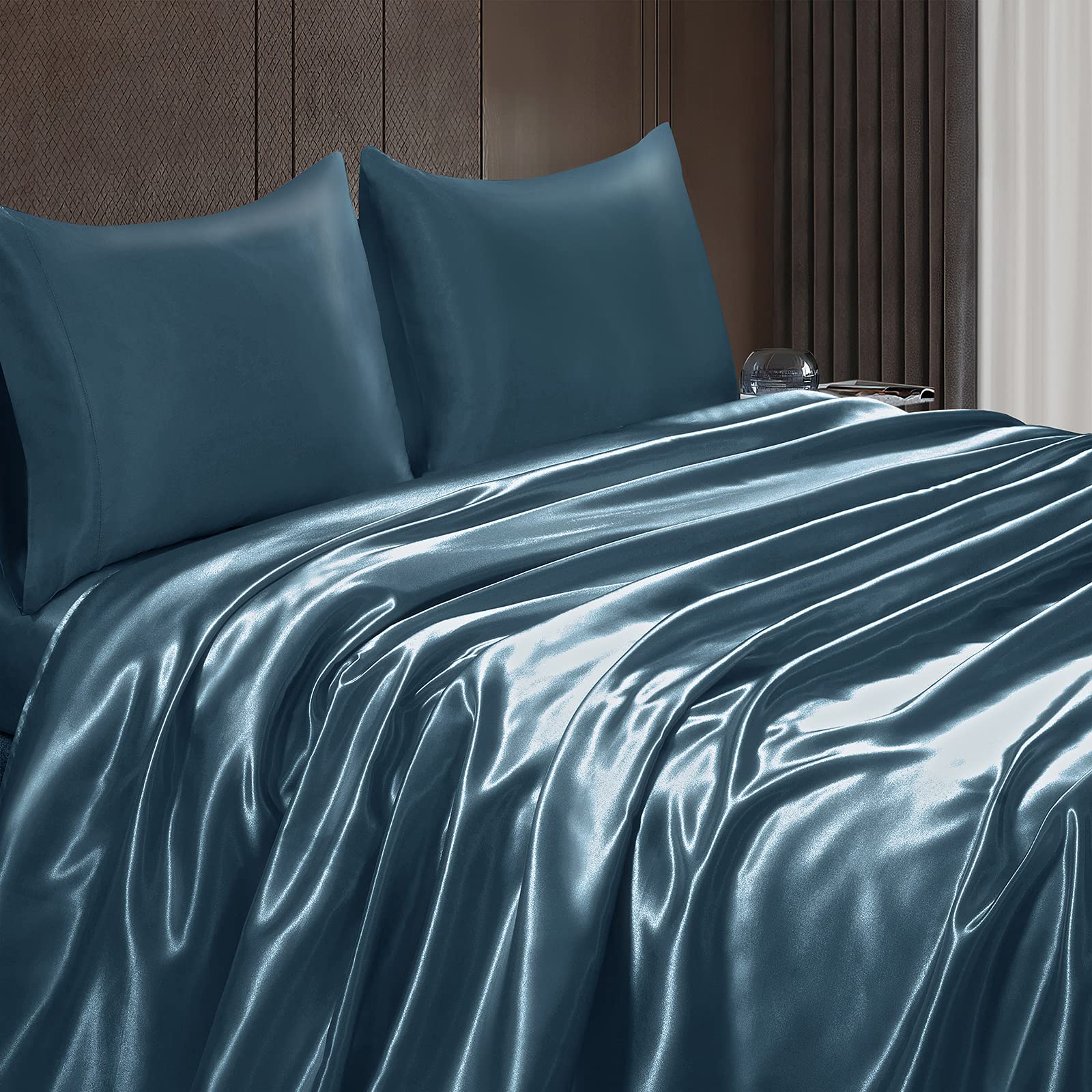 Homiest 4Pcs Satin Sheets Set Luxury Silky Satin Bedding Set With Deep Pocket, 1 Fitted Sheet + 1 Flat Sheet + 2 Pillowcases (Queen Size, Deep Sea Blue)