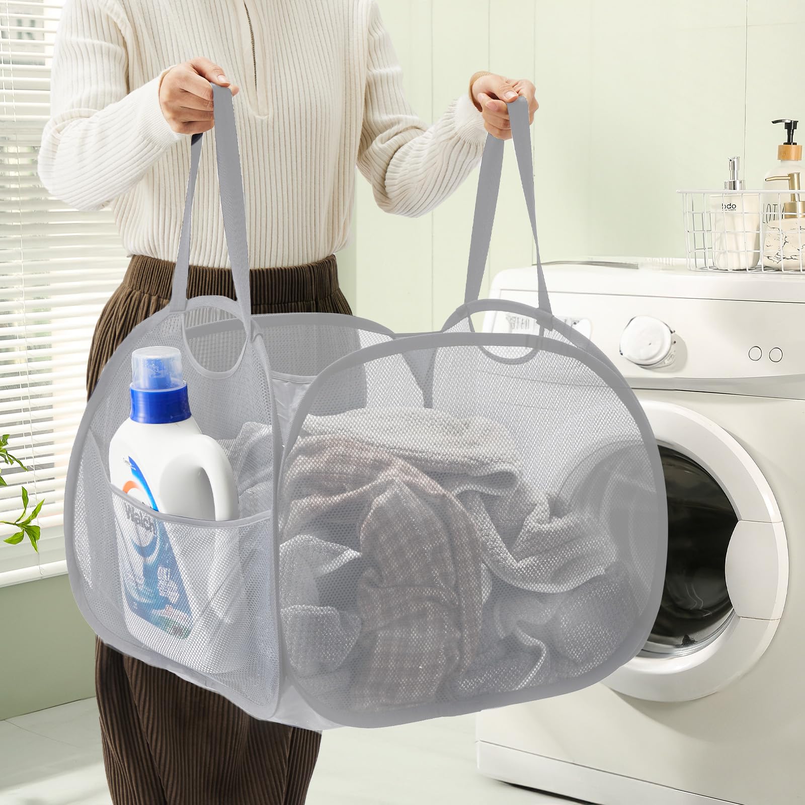 Techmilly Mesh Pop Up Foldable Laundry Hamper With Strong Handles, Large Opening Clothes Hamper With Side Pockets, Storage Baske