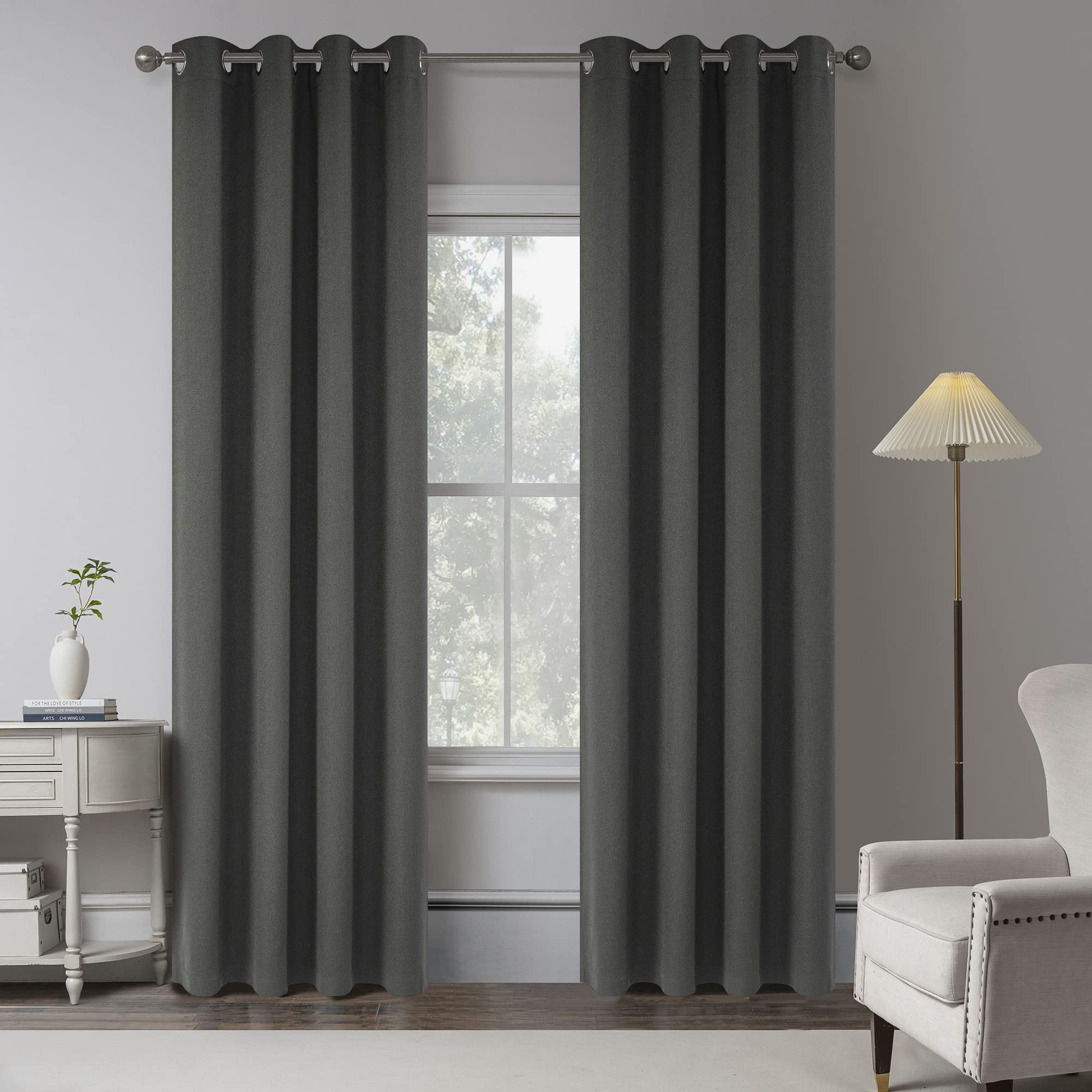 Charcoal Grey 100% Blackout Linen Curtains 102 Inches Long 2 Panels For Bedroom,Modern Village Full Black Out Room Darkening The