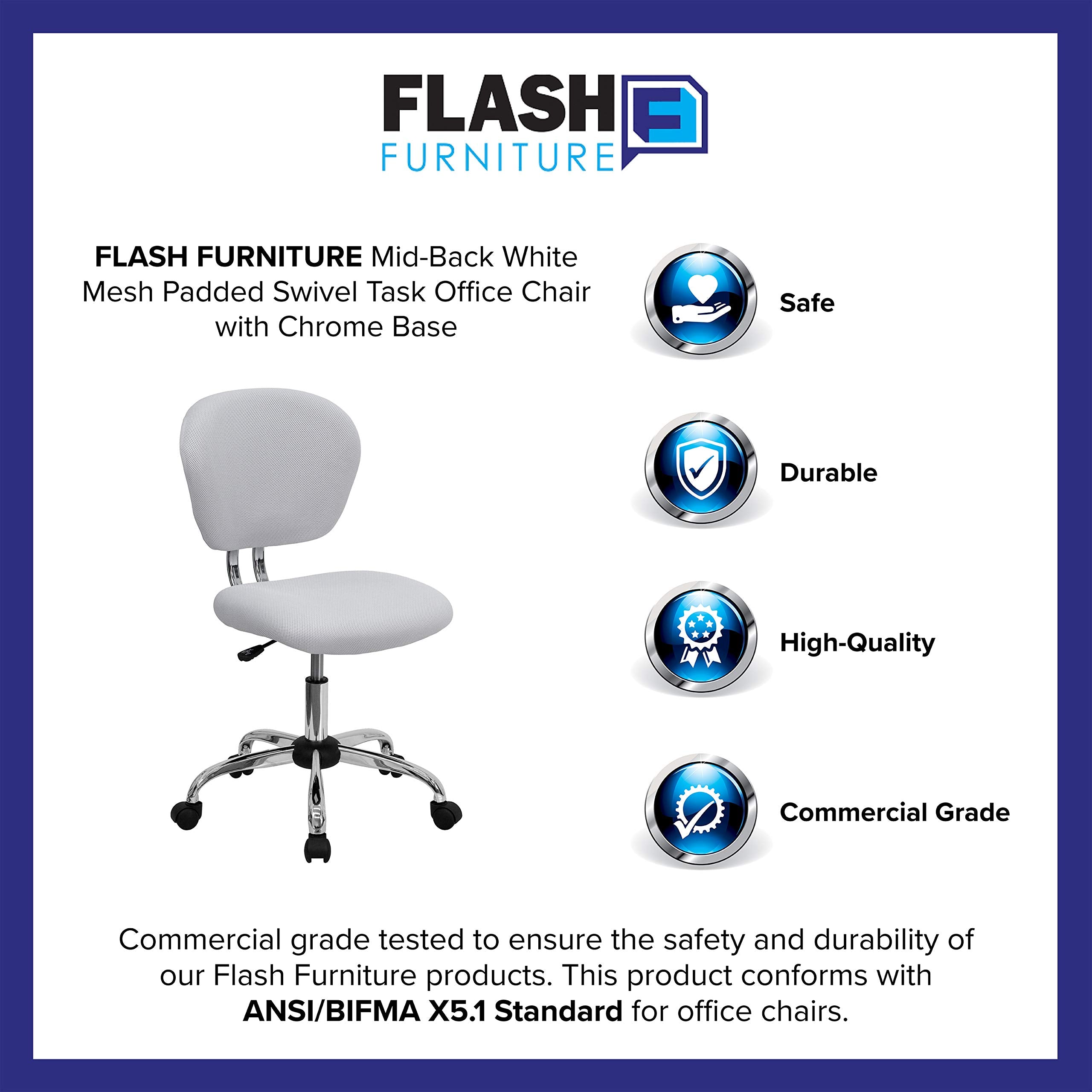 Flash Furniture Beverly Mid-Back White Mesh Padded Swivel Task Office Chair with Chrome Base