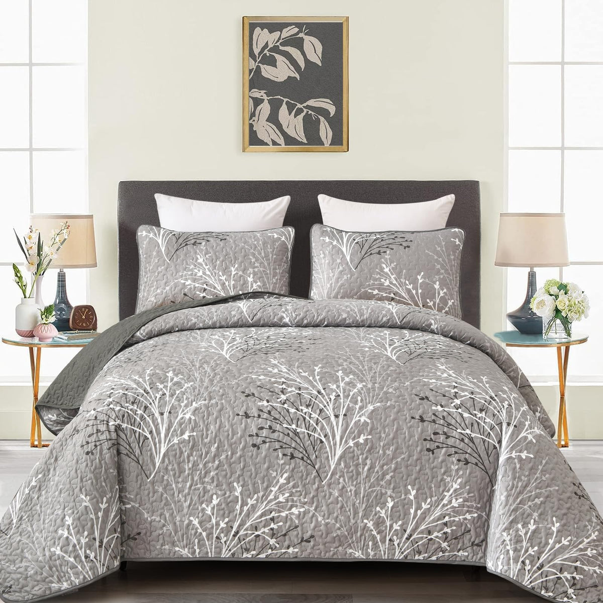 Djy Grey Quilt Set King Size - Branch Botanical Pattern Bedspread Coverlet Set, 3 Pieces Gray Floral Quilt Bedding Set, Soft Lig
