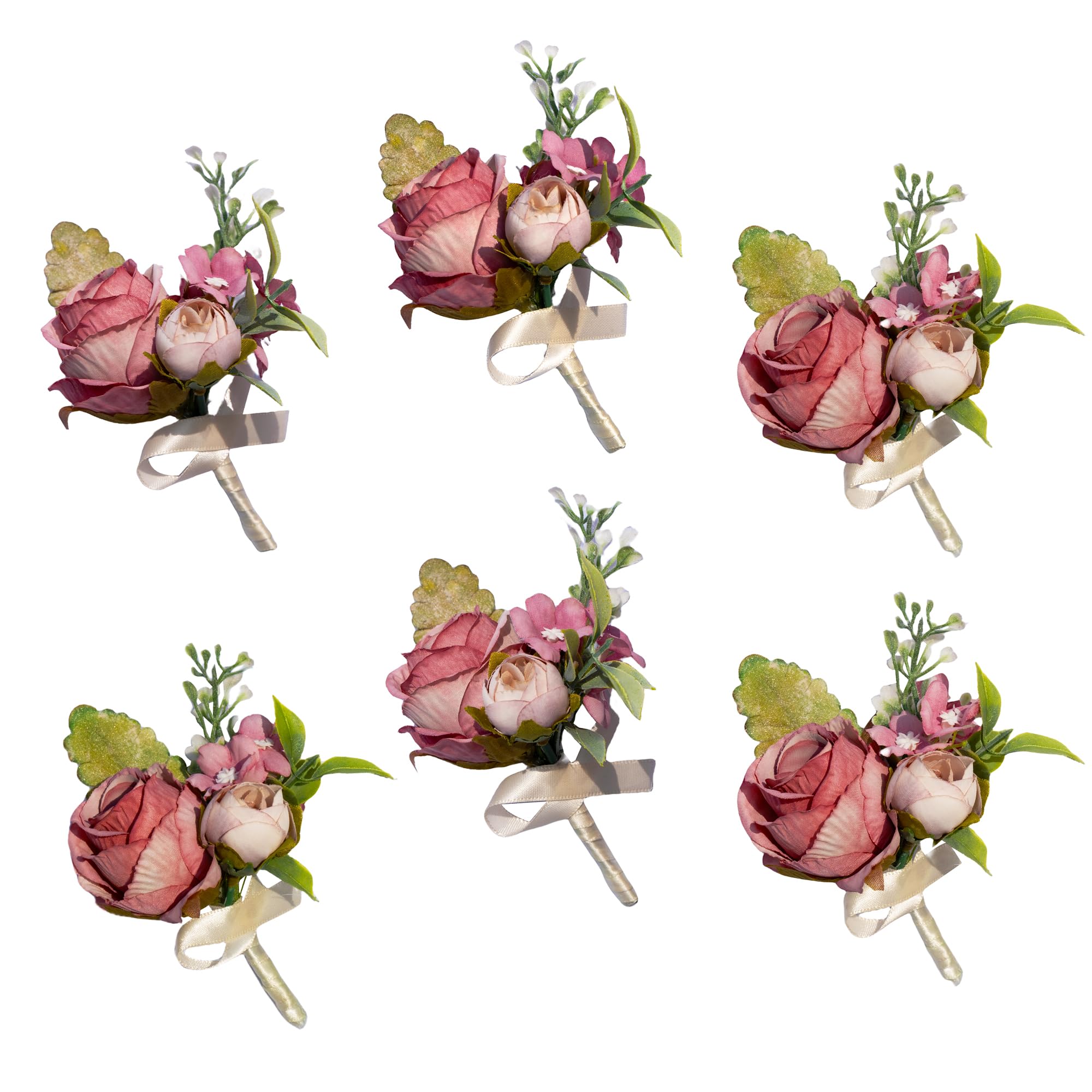 Dusty Rose Silk Real Touch Boutonniere for Men,Set of 6,Boutonniere for Men Wedding with Pins,Groom and Best Man Boutonnieres,fo