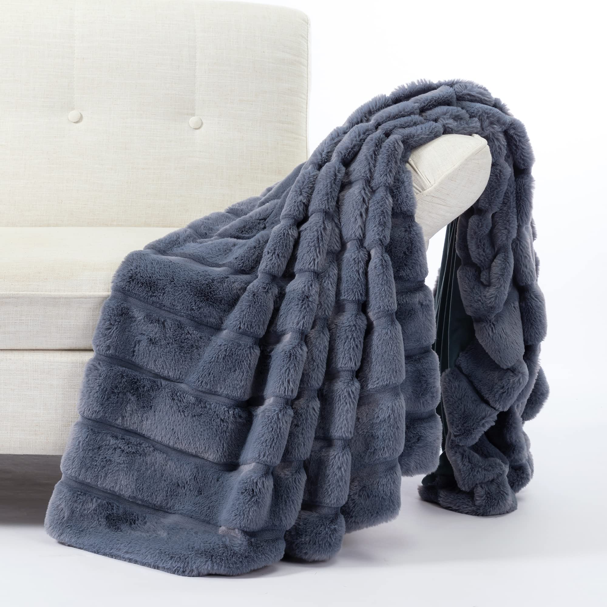 Cozy Bliss Luxury Super Soft Striped Faux Fur Throw Blanket For Couch, Size 60'X80' Blue, Extra Soft, Plush, Fluffy, Warm, Ant