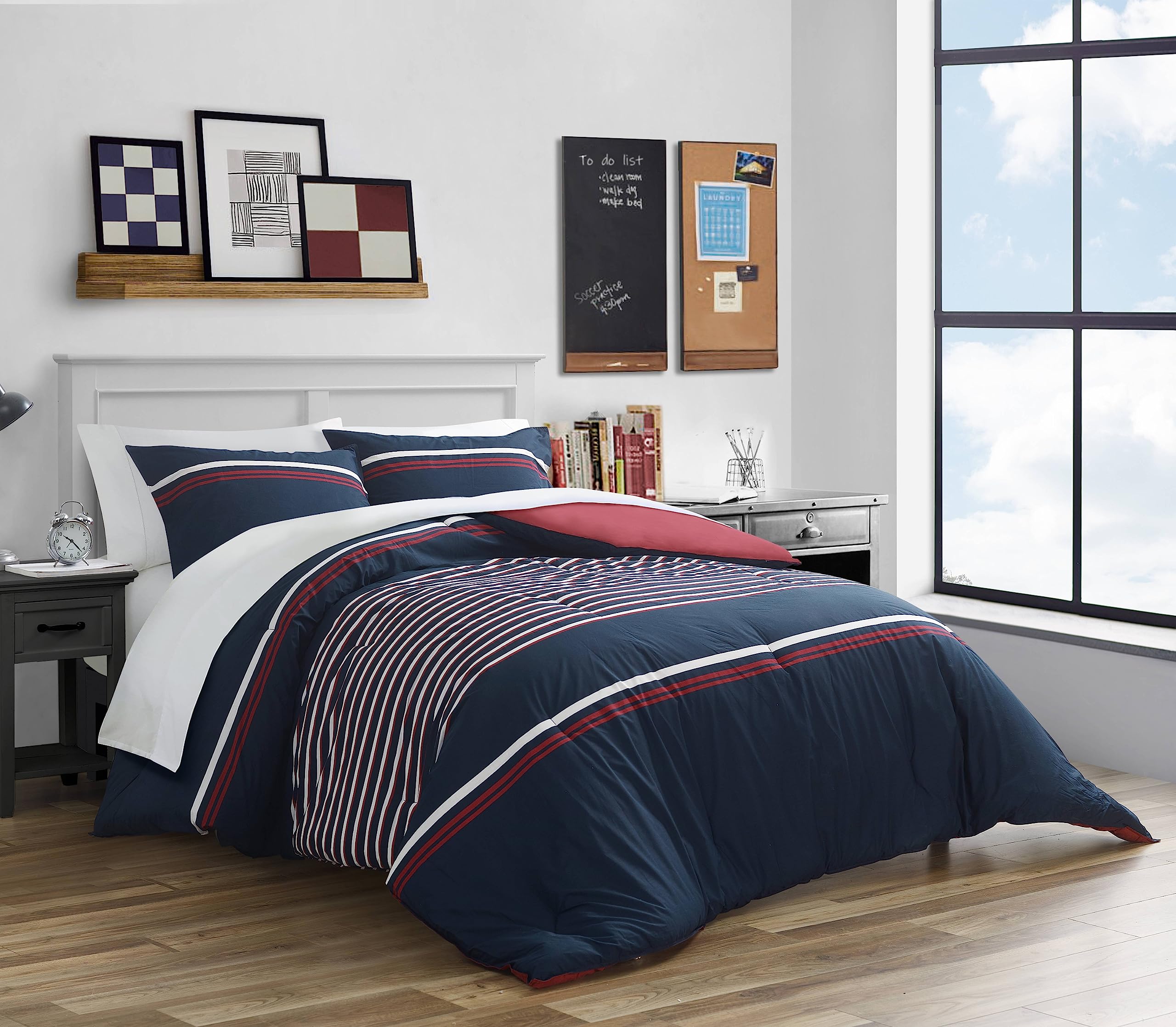 Nautica Duvet Cover Set Cotton Reversible Bedding With Matching Shams, Medium Weight For All Seasons, Queen, Mineola Red/White/N